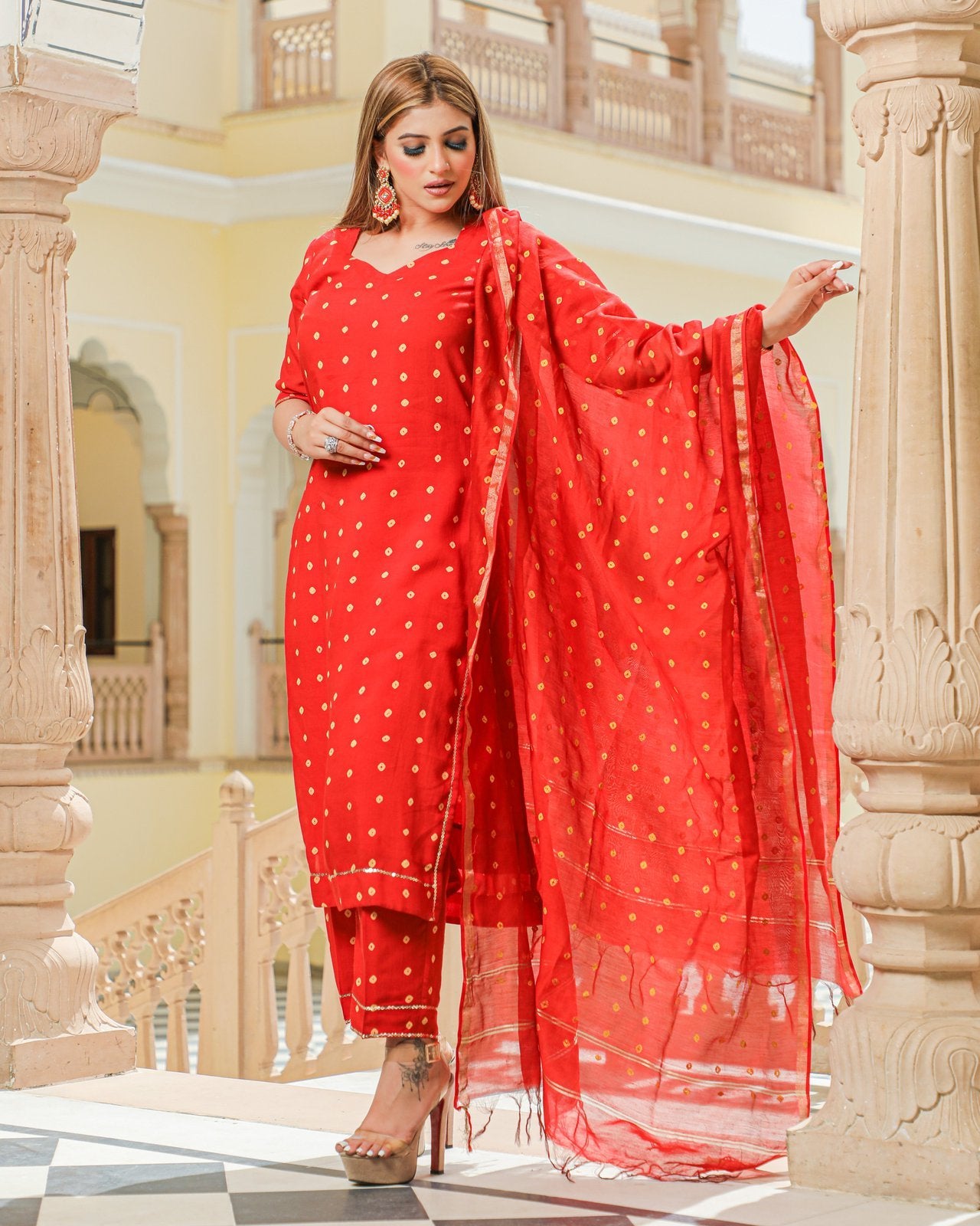 Red Modal Bandhani Suit Set
