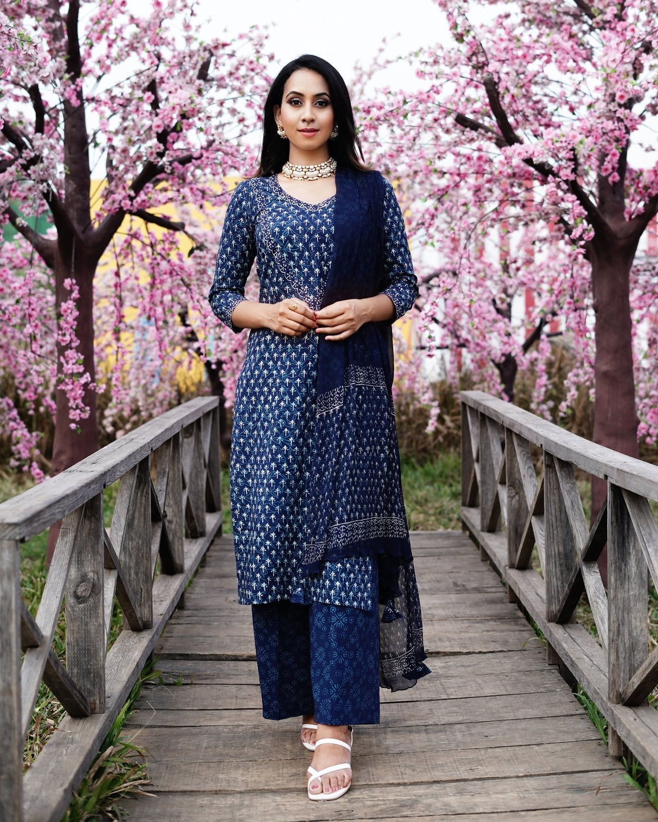 Blue Block Butti Print Cotton Kurta Pant Set