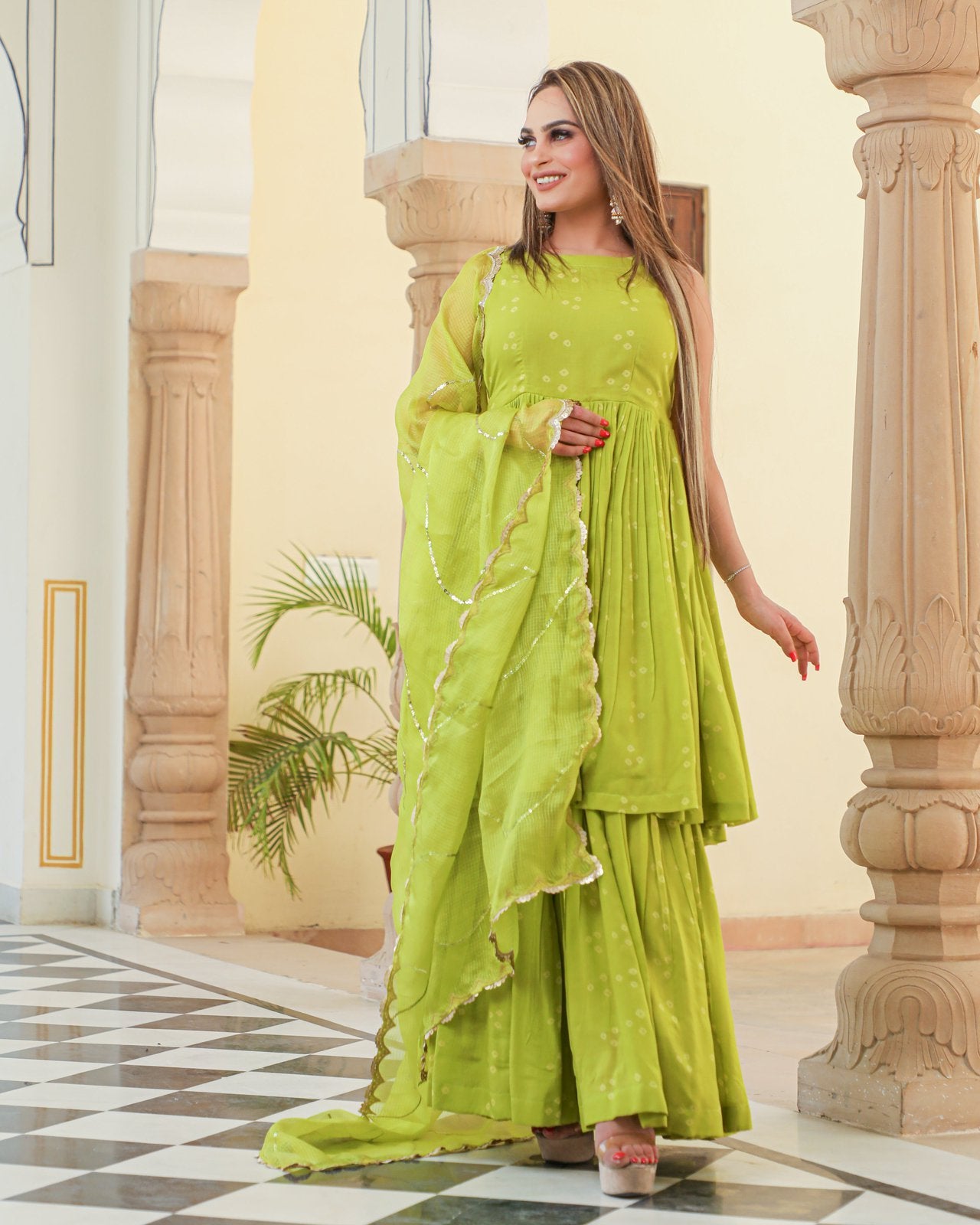 Naava Bandhej Modal Kurta Sharara Dupatta Set