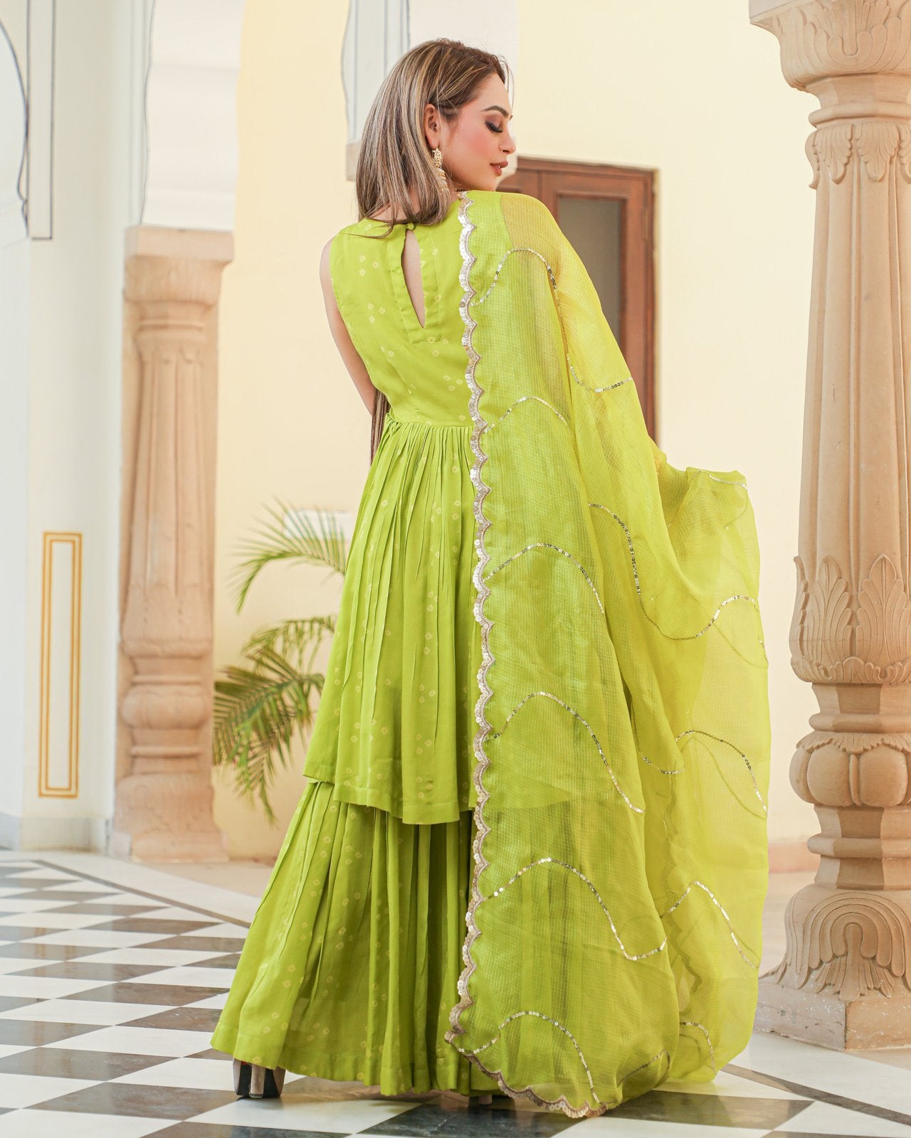 Naava Bandhej Modal Kurta Sharara Dupatta Set