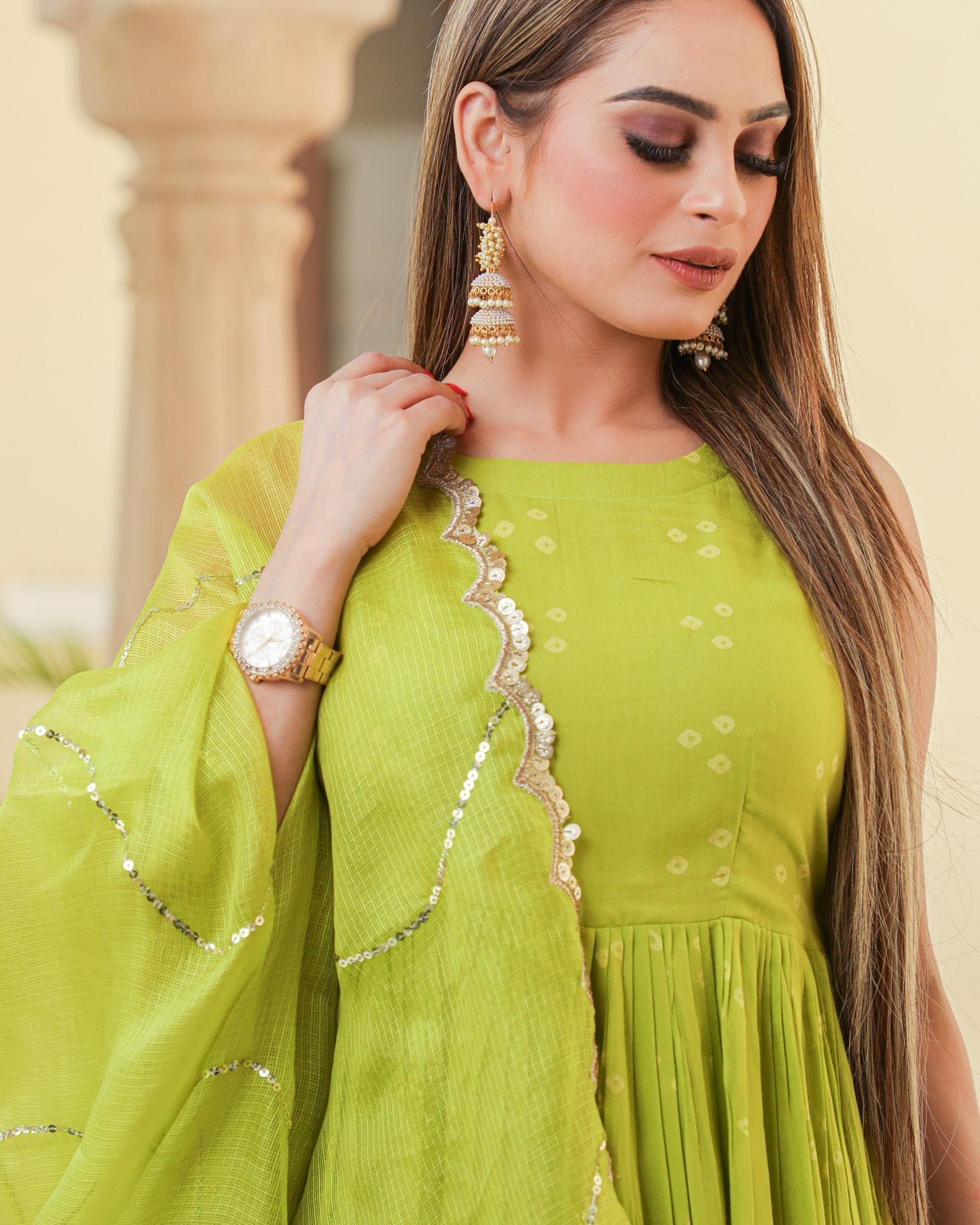 Naava Bandhej Modal Kurta Sharara Dupatta Set