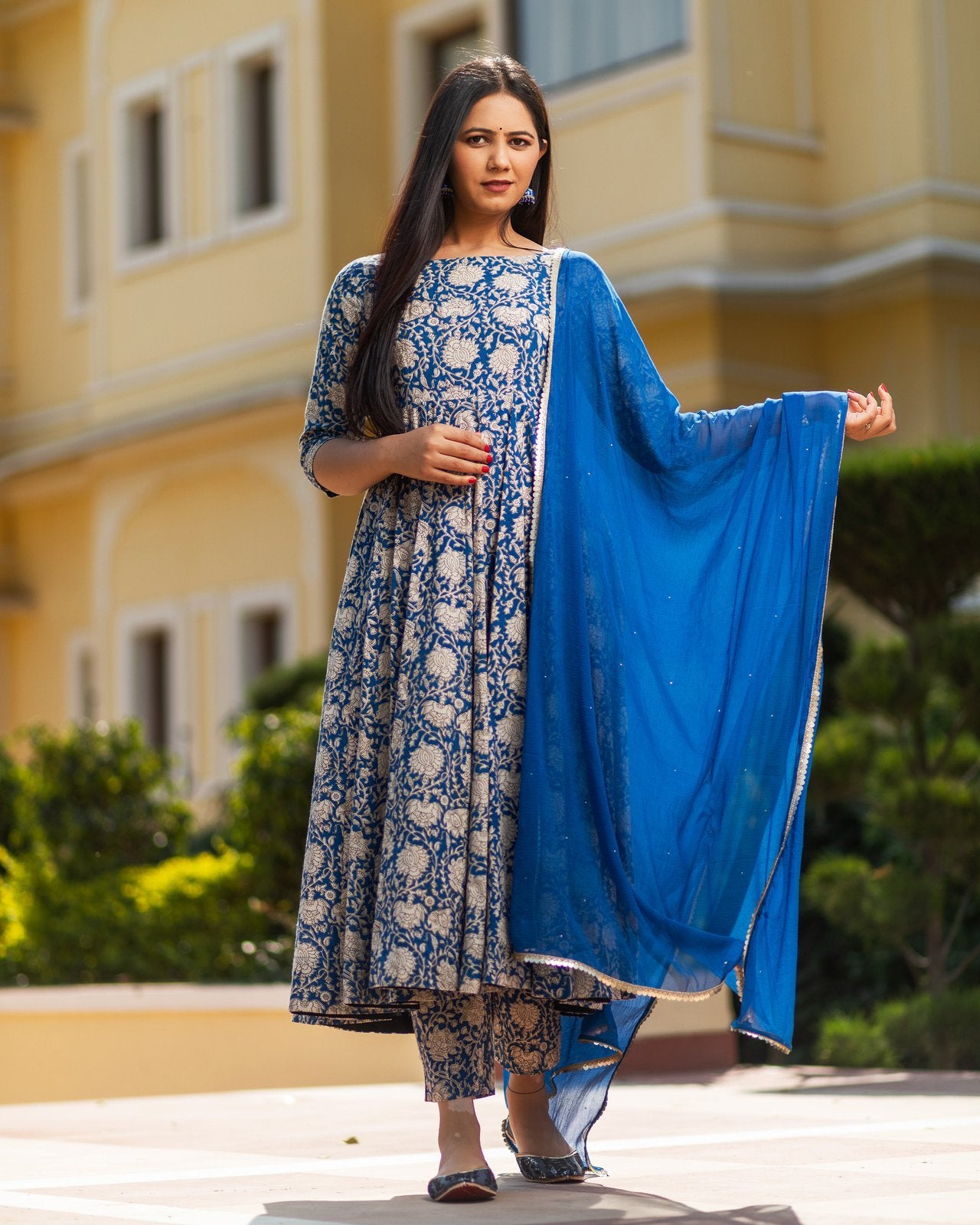 Indigo Jaipuri Print Cotton Anarkali Suit