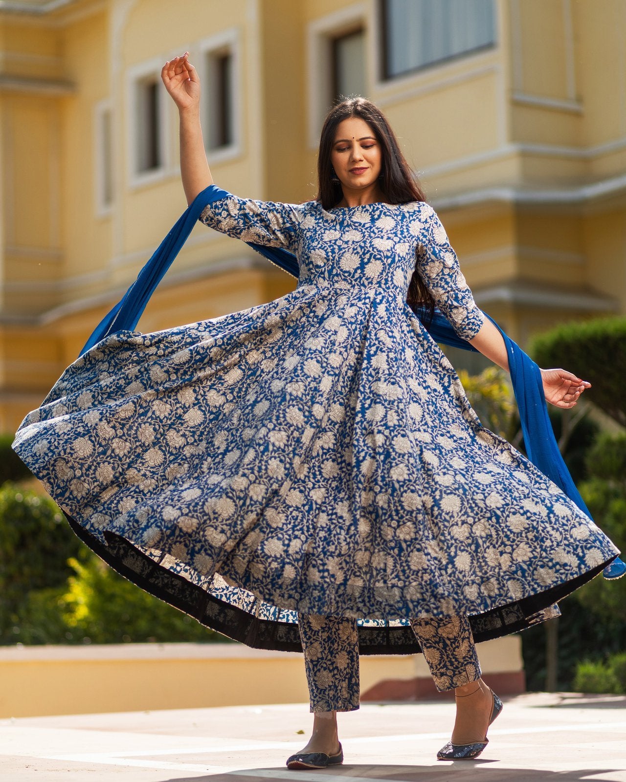 Indigo Jaipuri Print Cotton Anarkali Suit