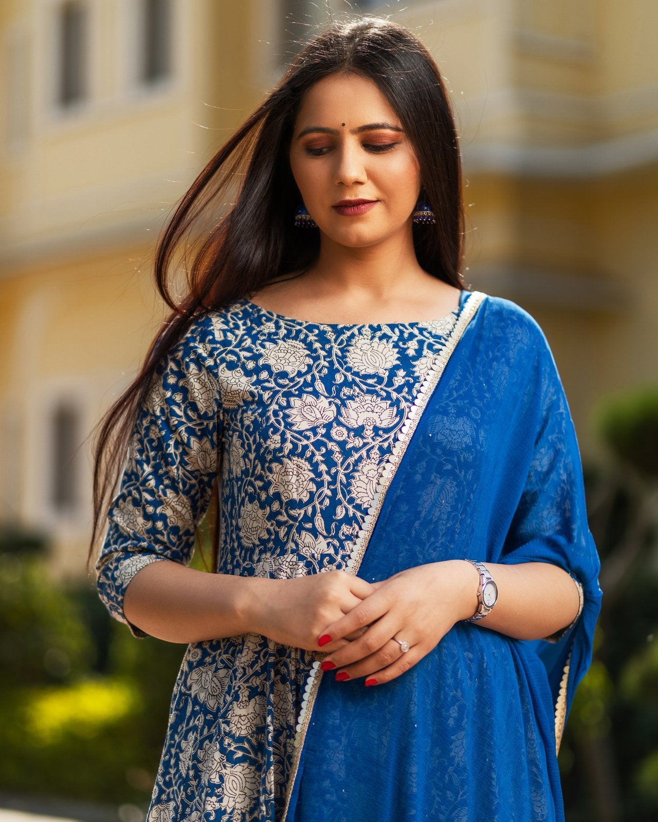 Indigo Jaipuri Print Cotton Anarkali Suit