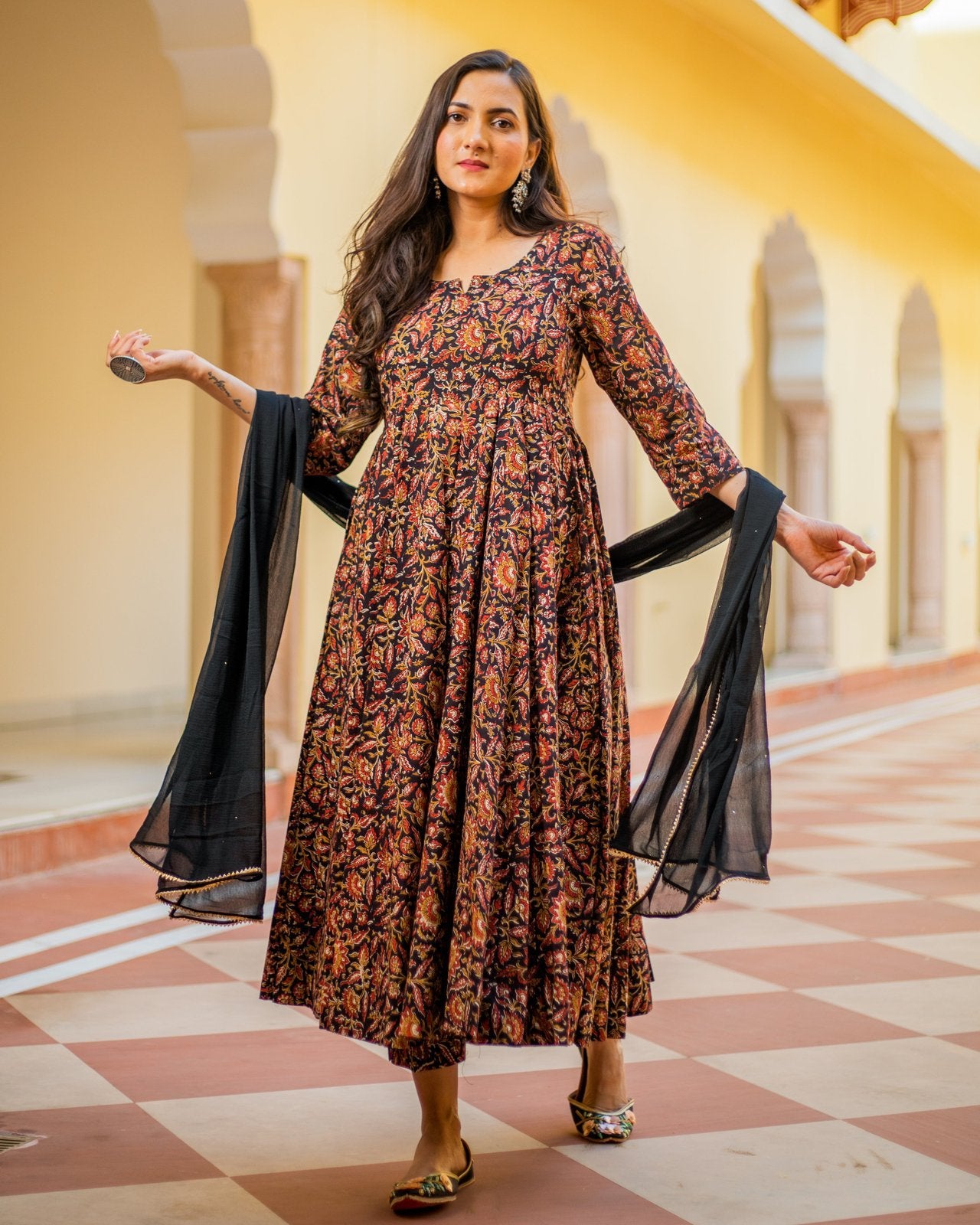 Black Red Jaipuri Print Anarkali Suit