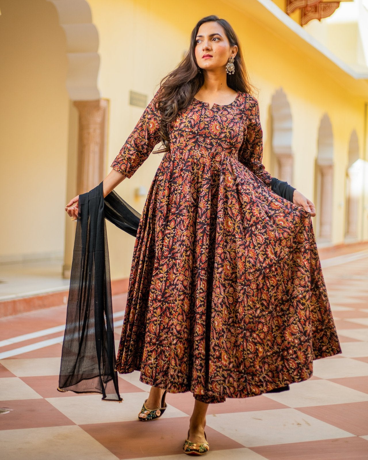 Black Red Jaipuri Print Anarkali Suit