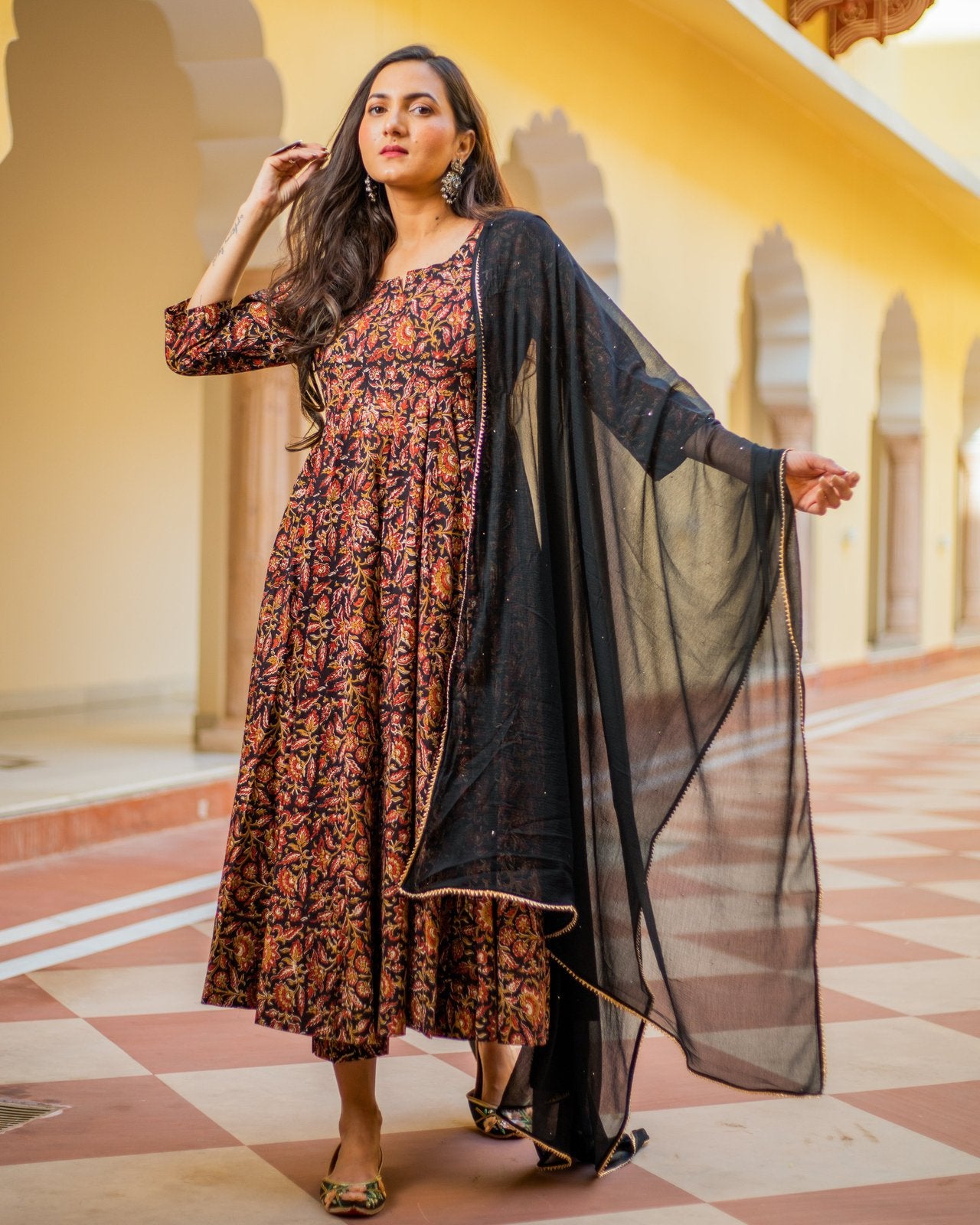 Black Red Jaipuri Print Anarkali Suit