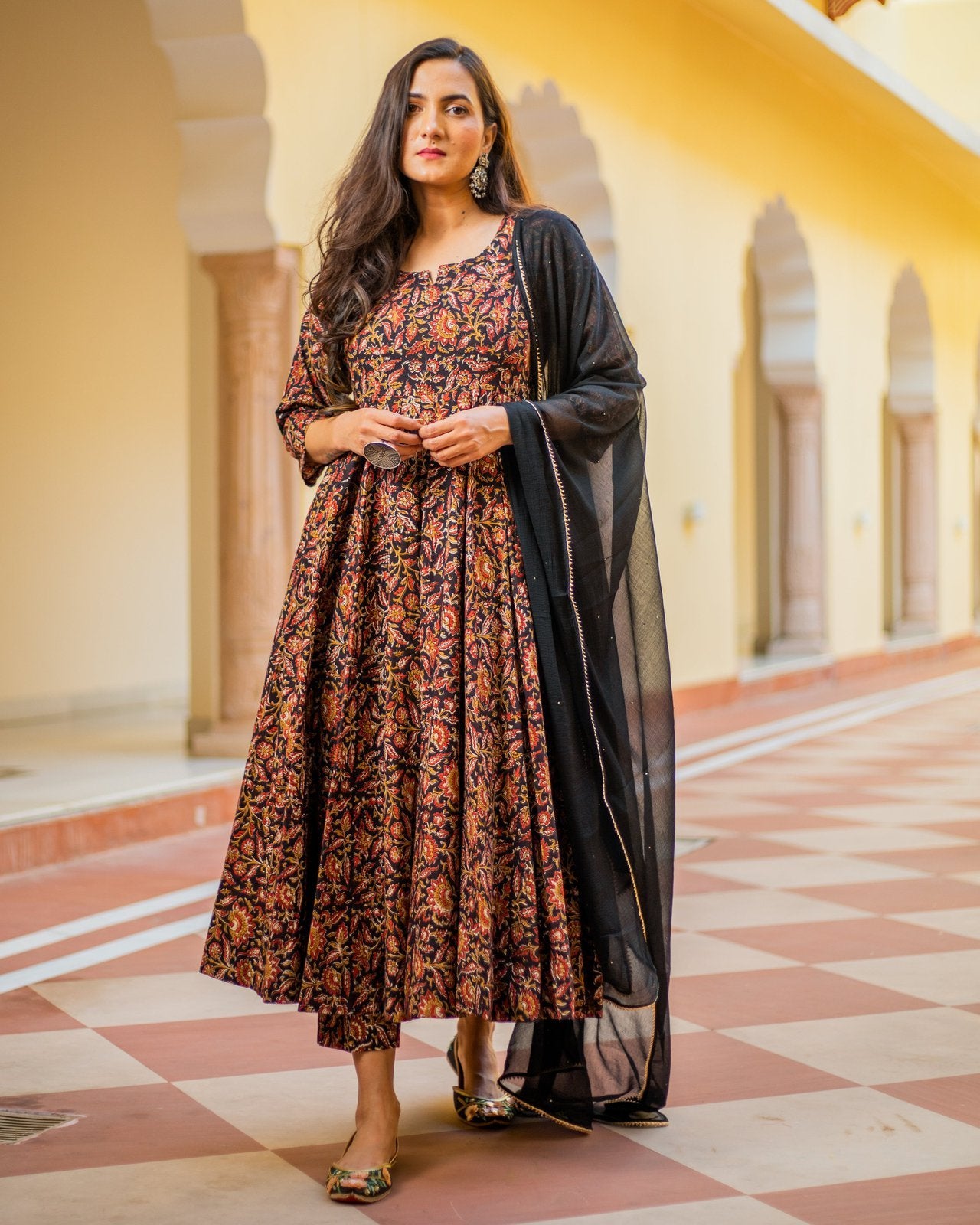 Black Red Jaipuri Print Anarkali Suit