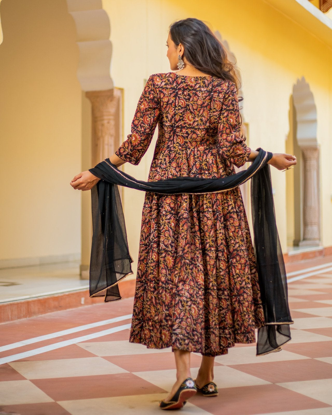 Black Red Jaipuri Print Anarkali Suit