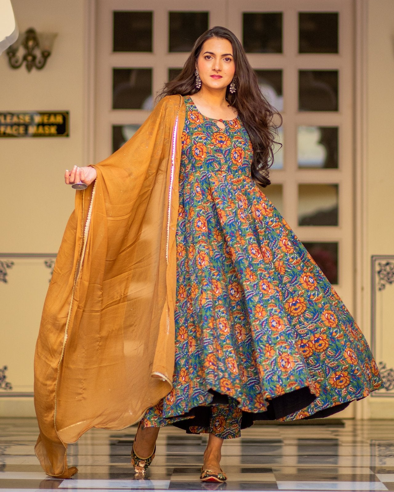 Mustard Floral Print Anarkali Suit