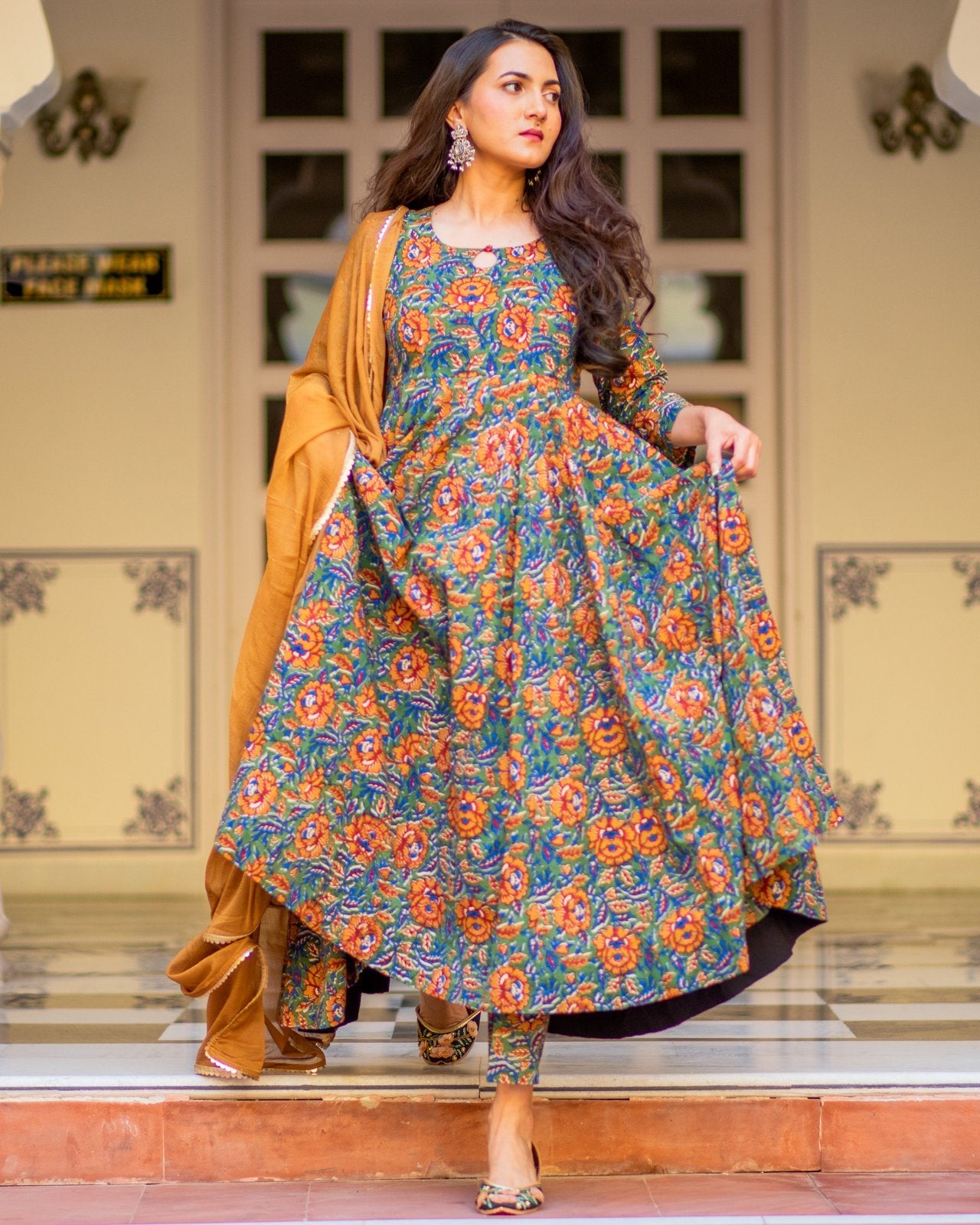 Mustard Floral Print Anarkali Suit