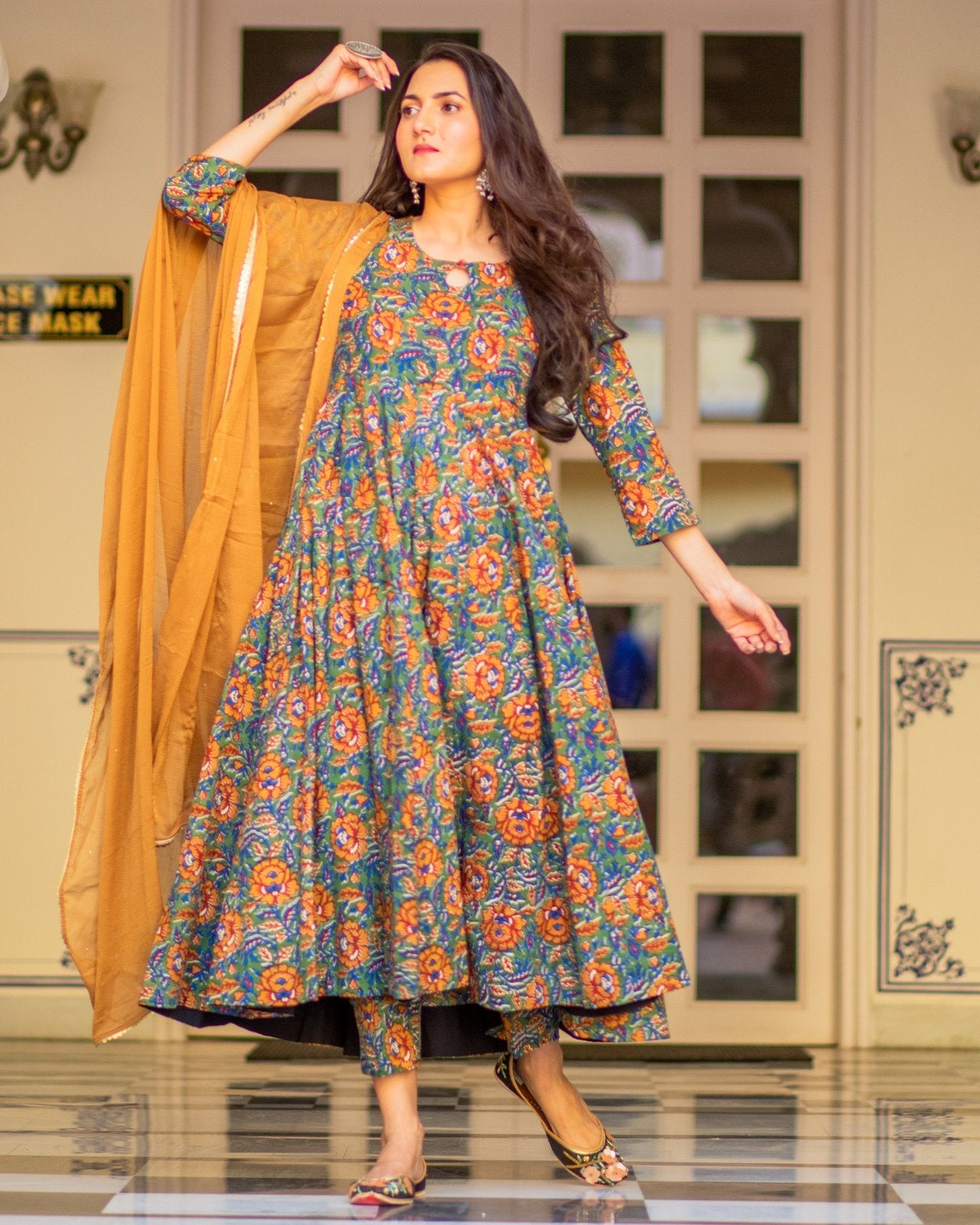 Mustard Floral Print Anarkali Suit