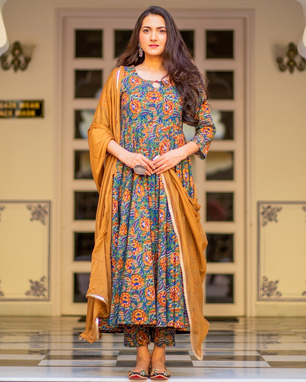 Mustard Floral Print Anarkali Suit