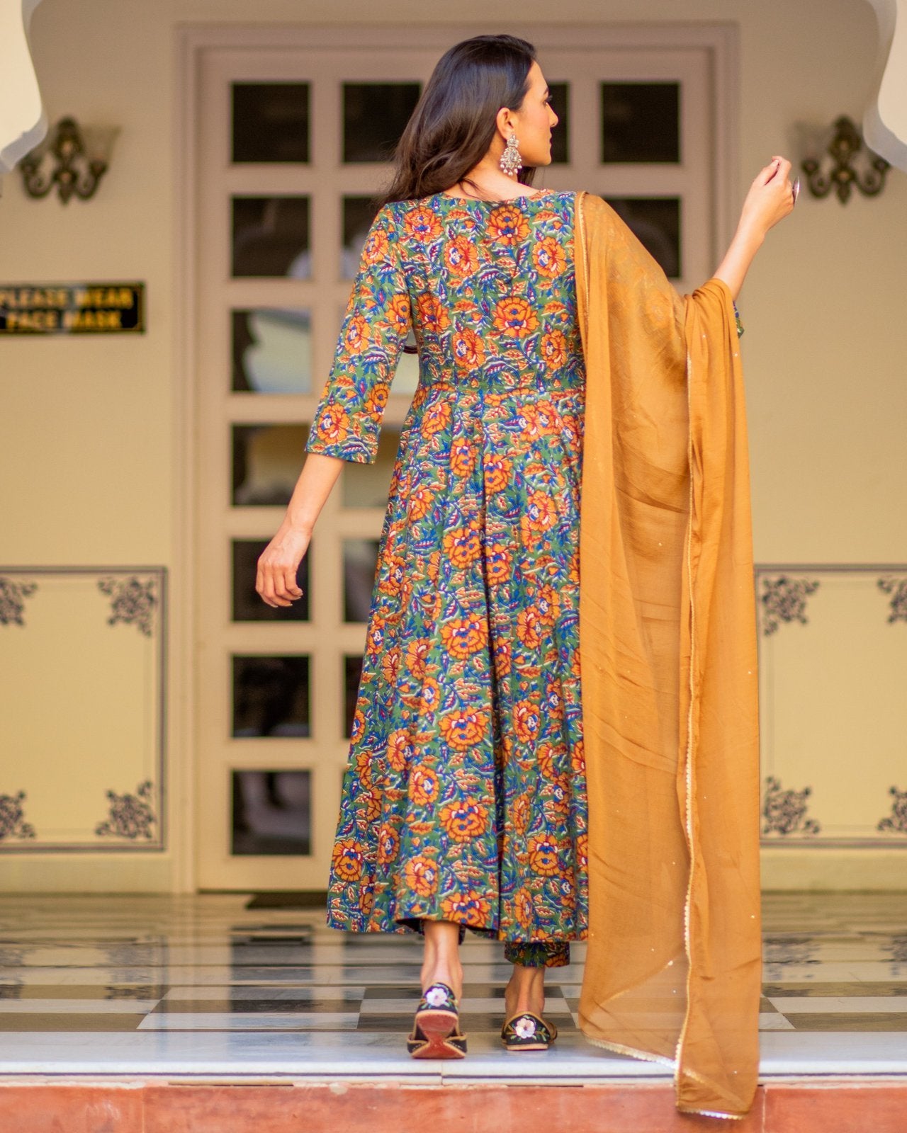 Mustard Floral Print Anarkali Suit