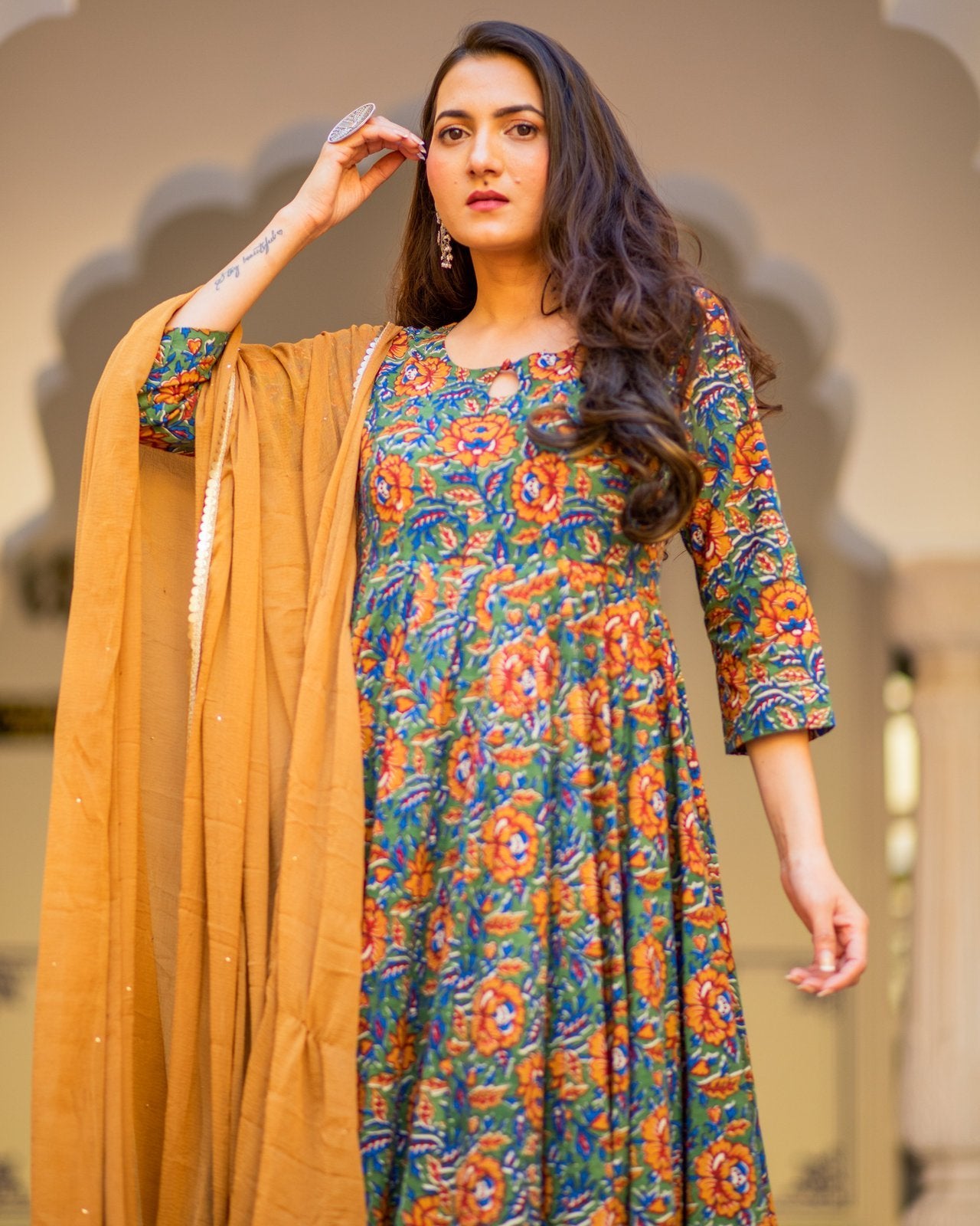Mustard Floral Print Anarkali Suit