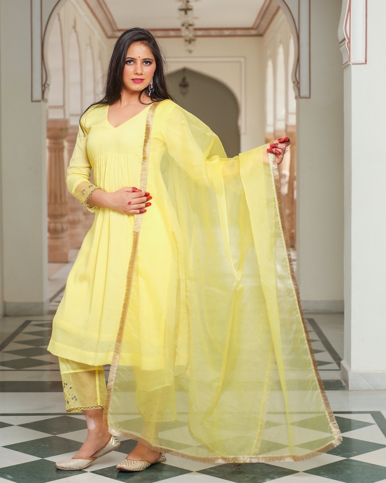 Yellow Embroidery Modal Suit Set