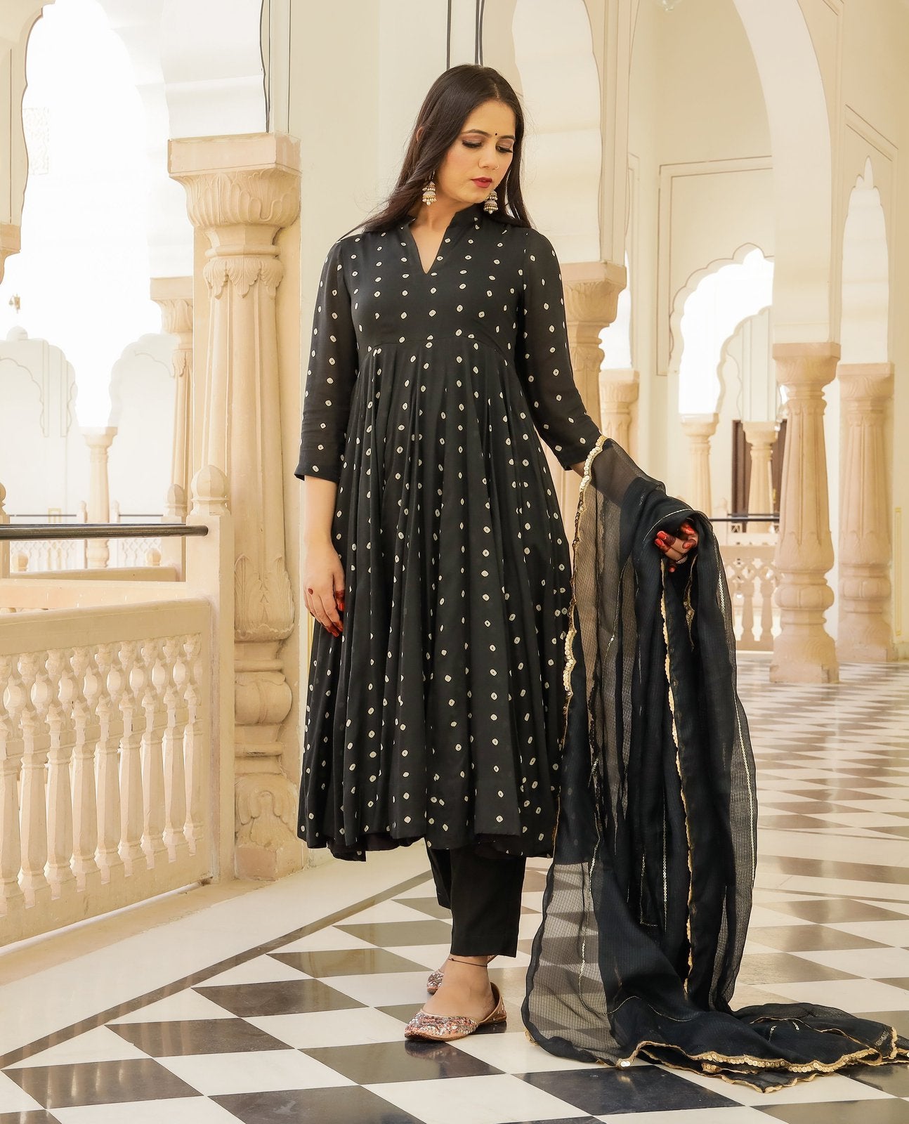Bandhej Printed Black Anarkali Suit