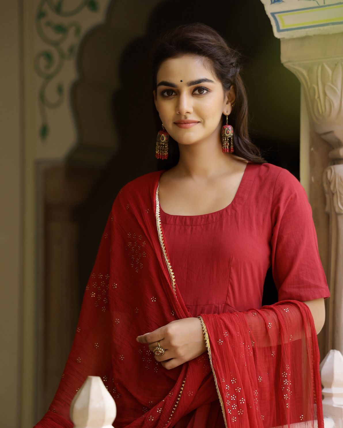Red Solid Anarkali Suit With Dupatta