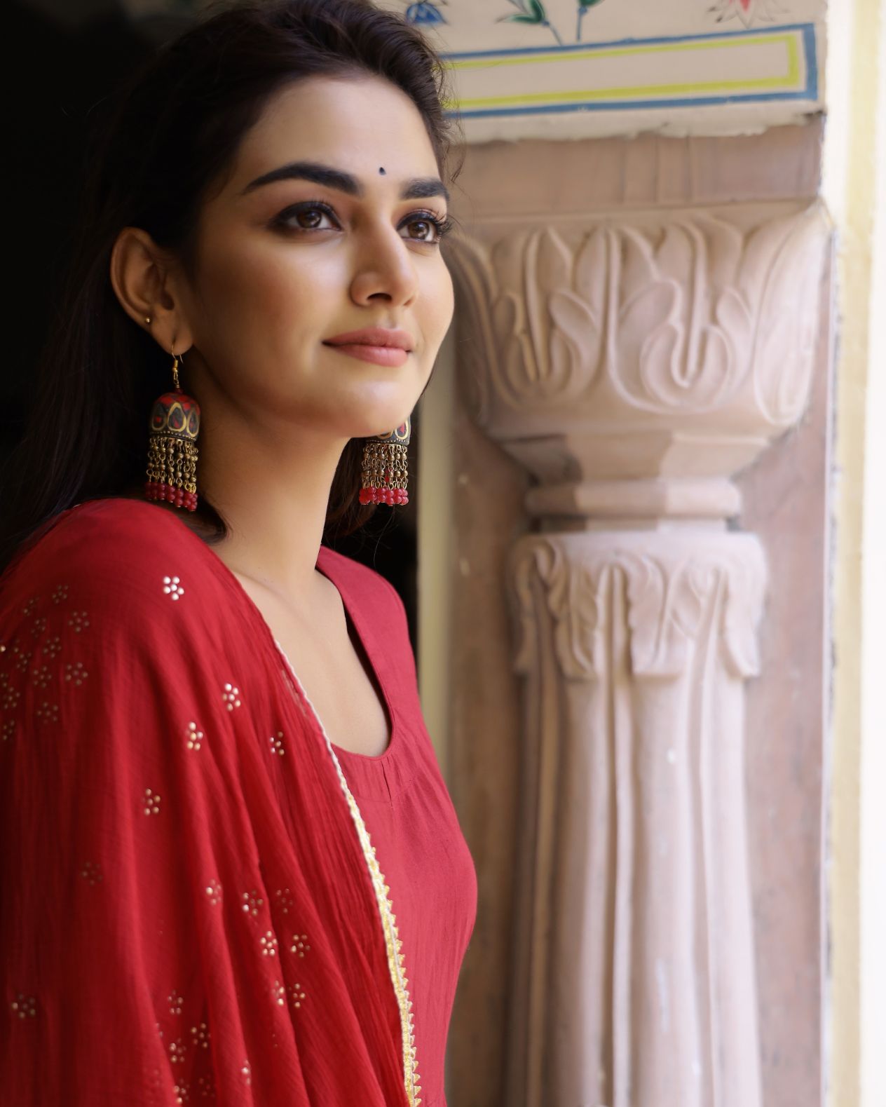 Red Solid Anarkali Suit With Dupatta