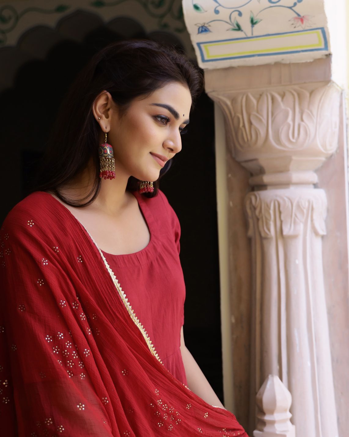 Red Solid Anarkali Suit With Dupatta