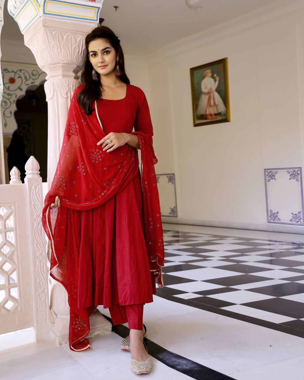 Red Solid Anarkali Suit With Dupatta