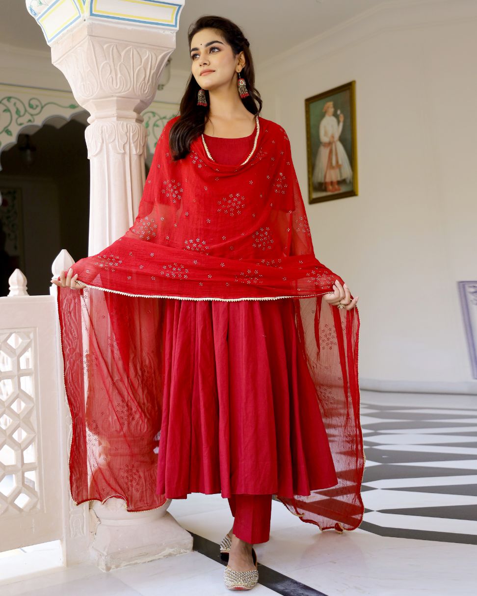 Red Solid Anarkali Suit With Dupatta