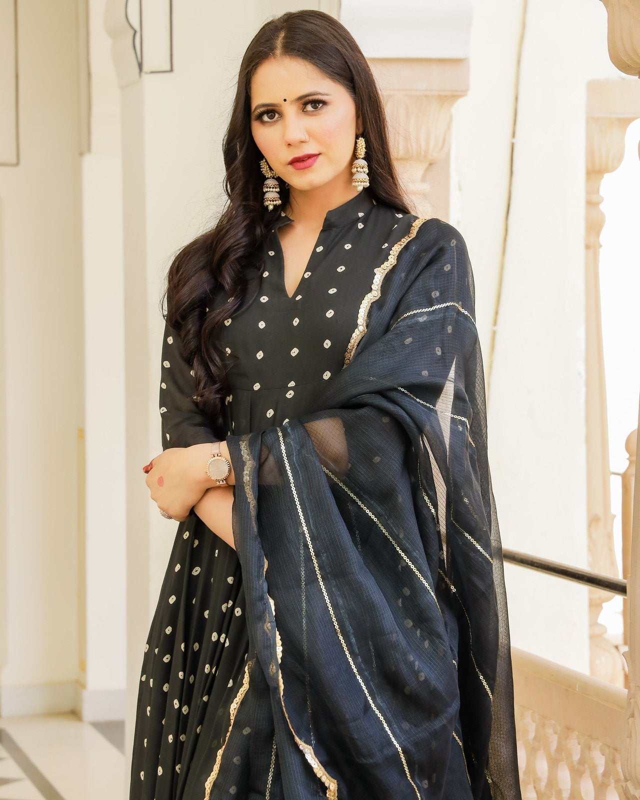 Bandhej Printed Black Anarkali Suit