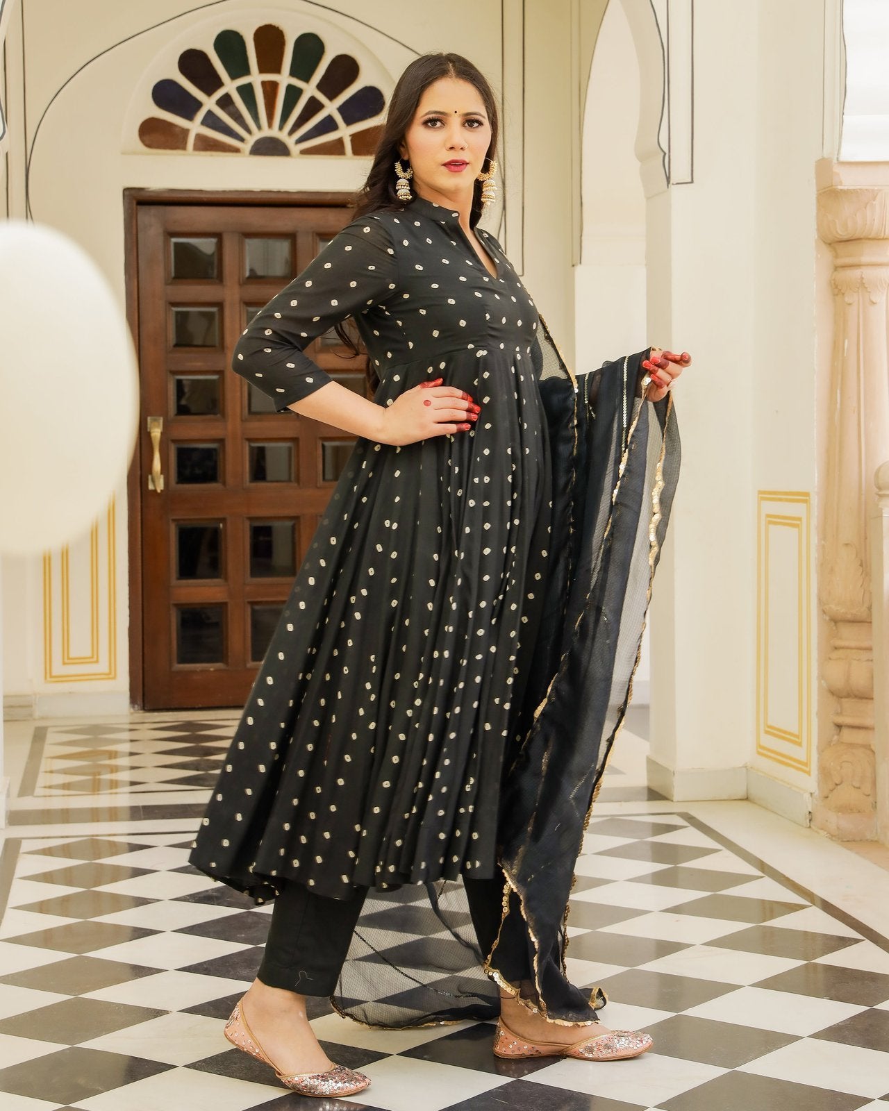 Bandhej Printed Black Anarkali Suit