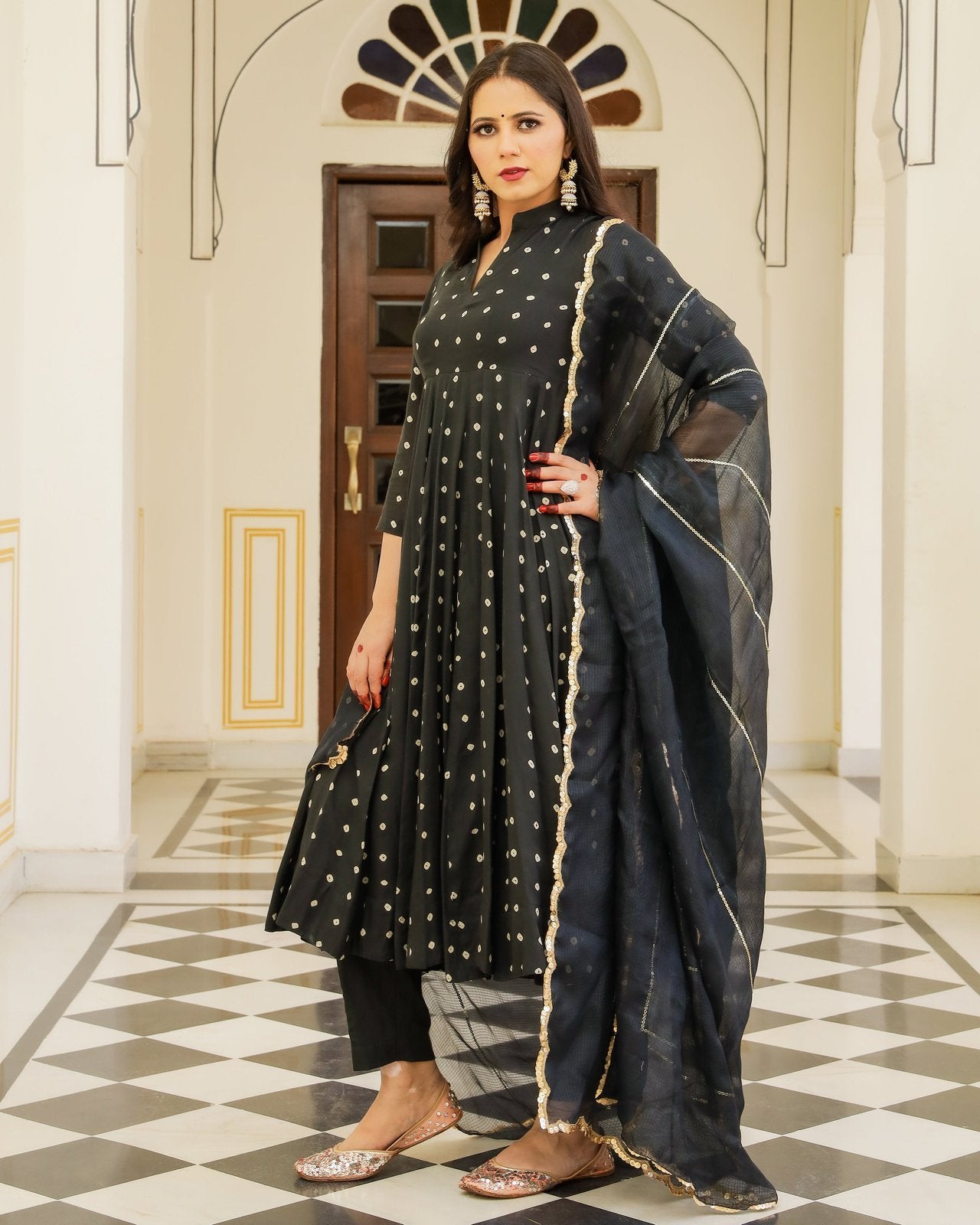 Bandhej Printed Black Anarkali Suit