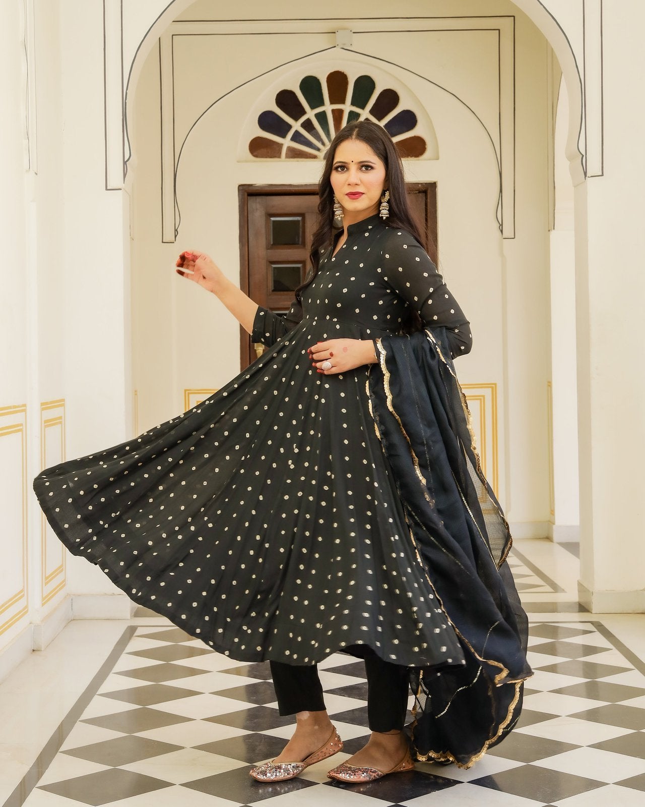 Bandhej Printed Black Anarkali Suit