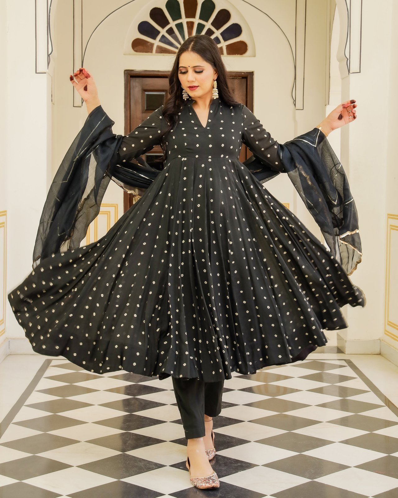 Bandhej Printed Black Anarkali Suit