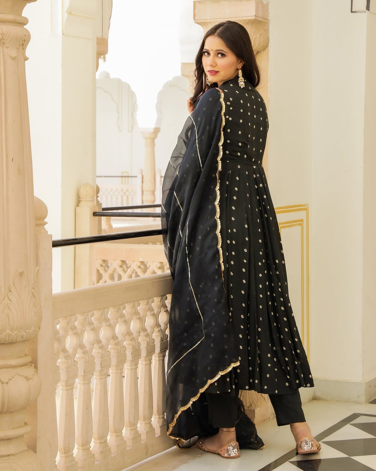 Bandhej Printed Black Anarkali Suit