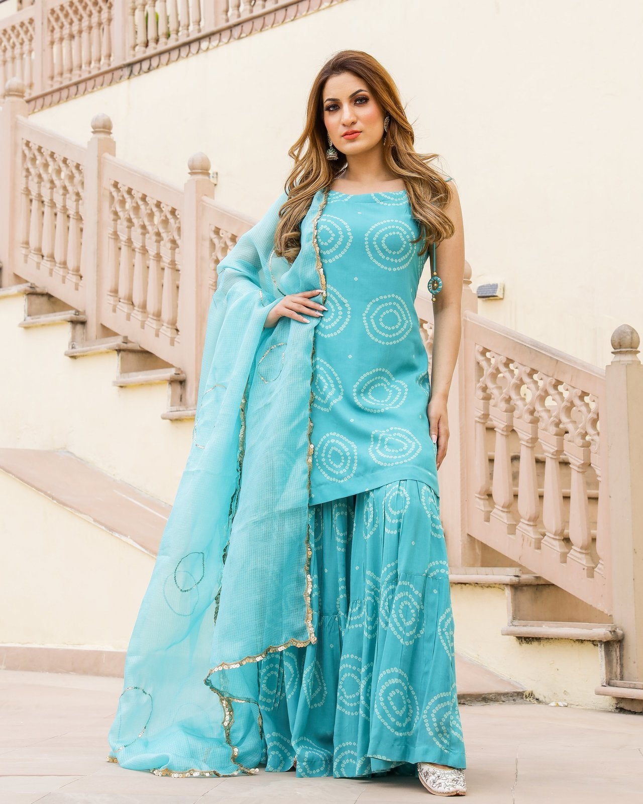 Ambar Bandhej Modal Kurta Sharara Dupatta Set