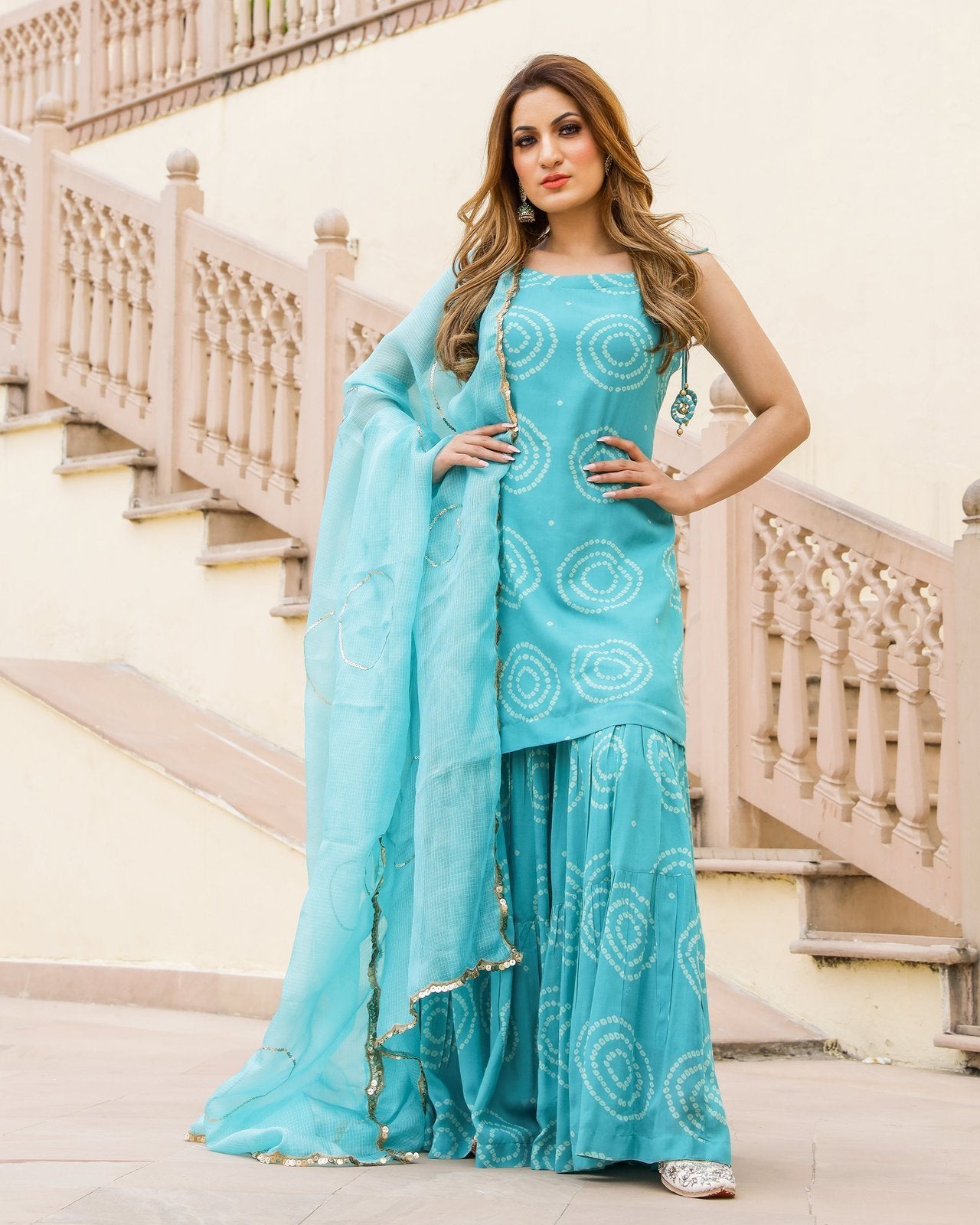 Ambar Bandhej Modal Kurta Sharara Dupatta Set
