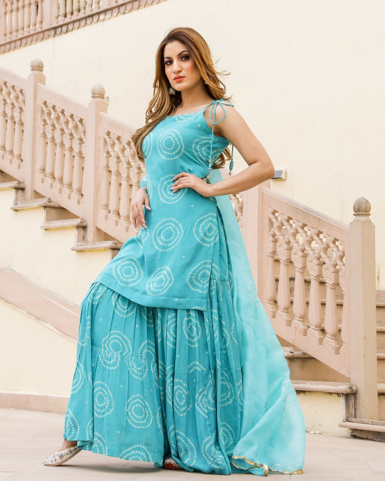Ambar Bandhej Modal Kurta Sharara Dupatta Set