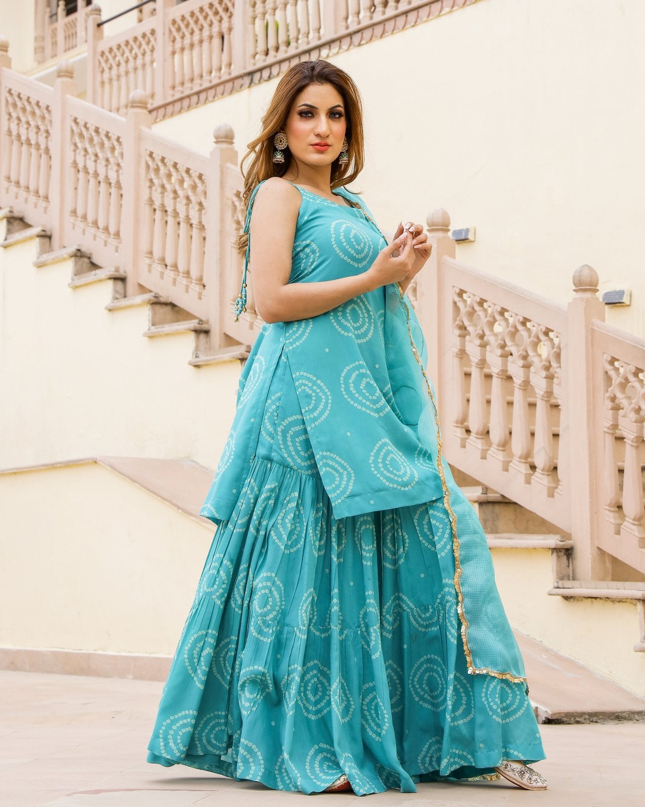 Ambar Bandhej Modal Kurta Sharara Dupatta Set