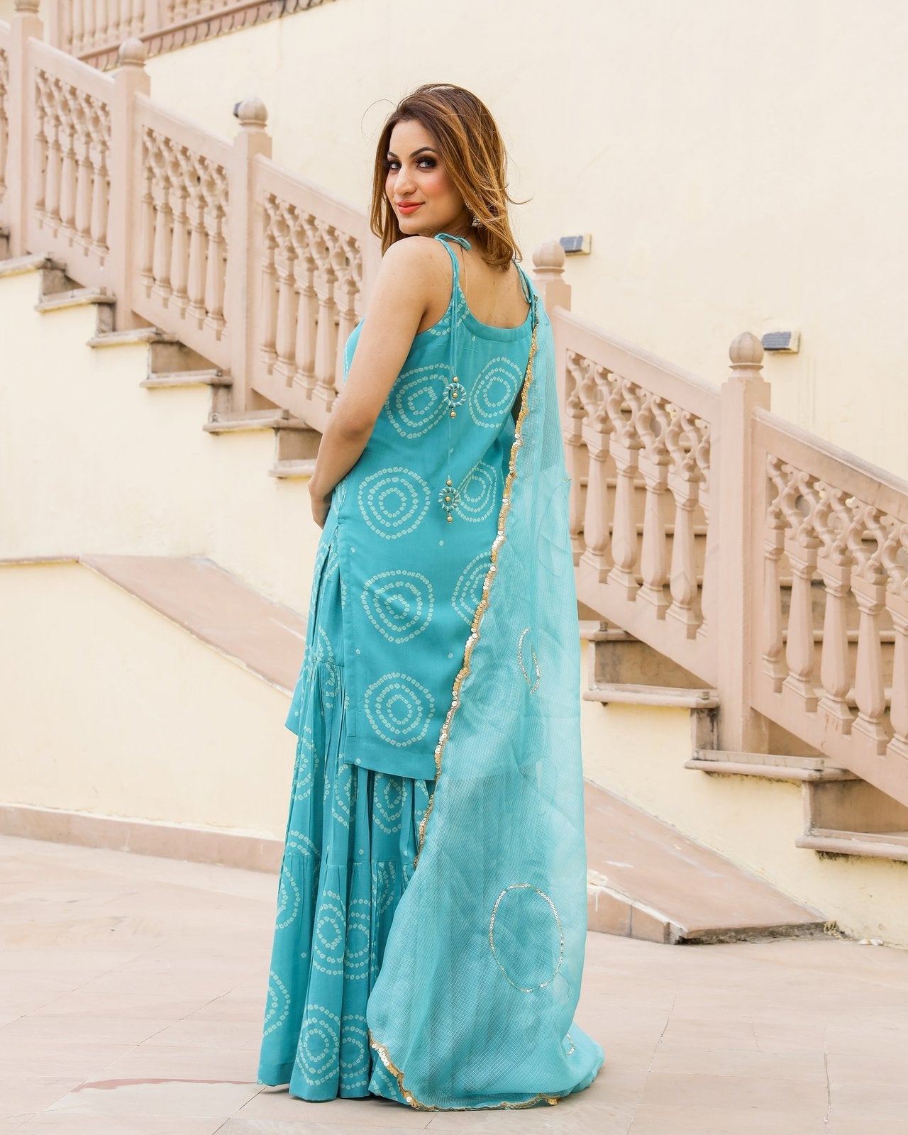 Ambar Bandhej Modal Kurta Sharara Dupatta Set