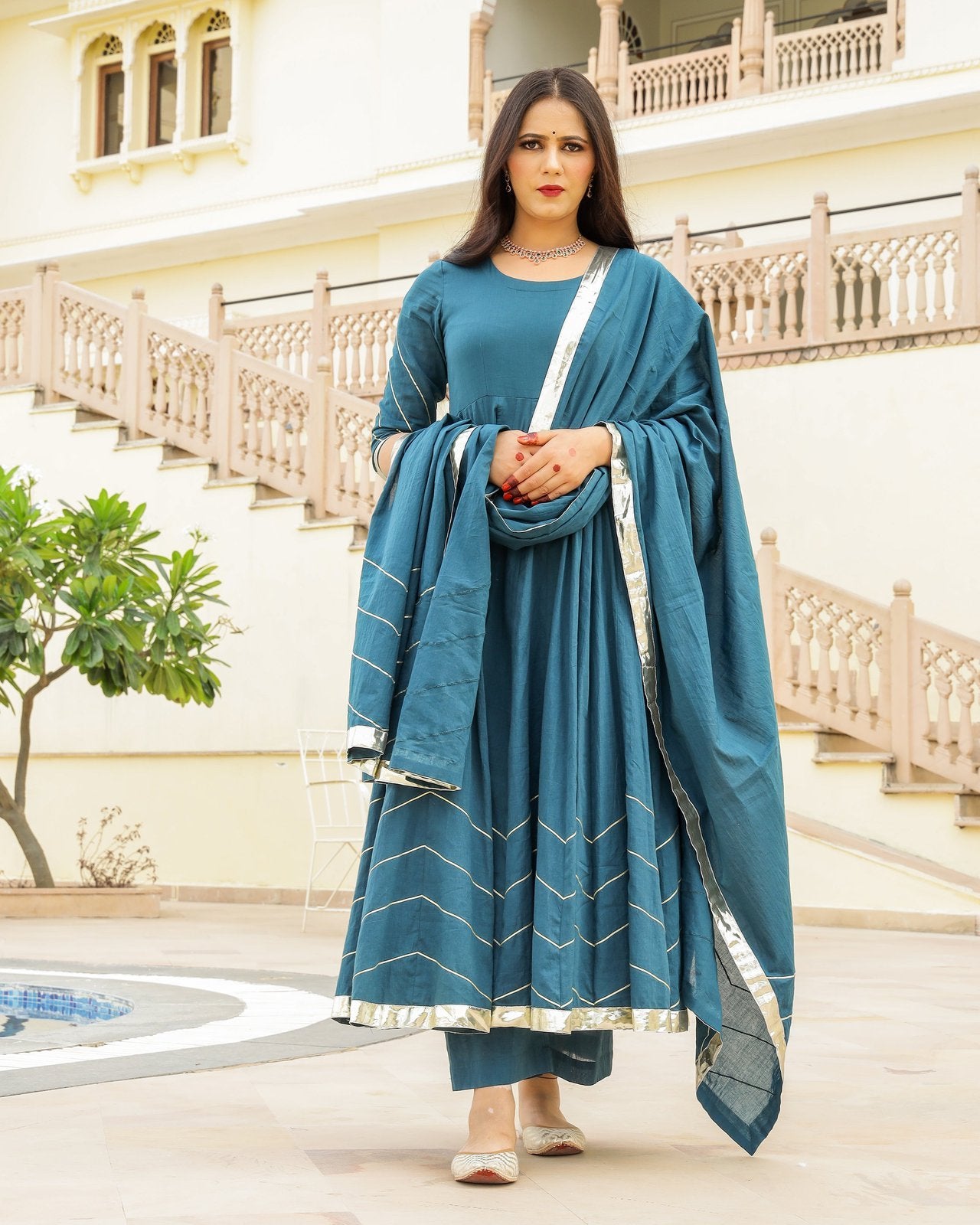 Teal Blue Gota Work Mulmul Anarkali Suit