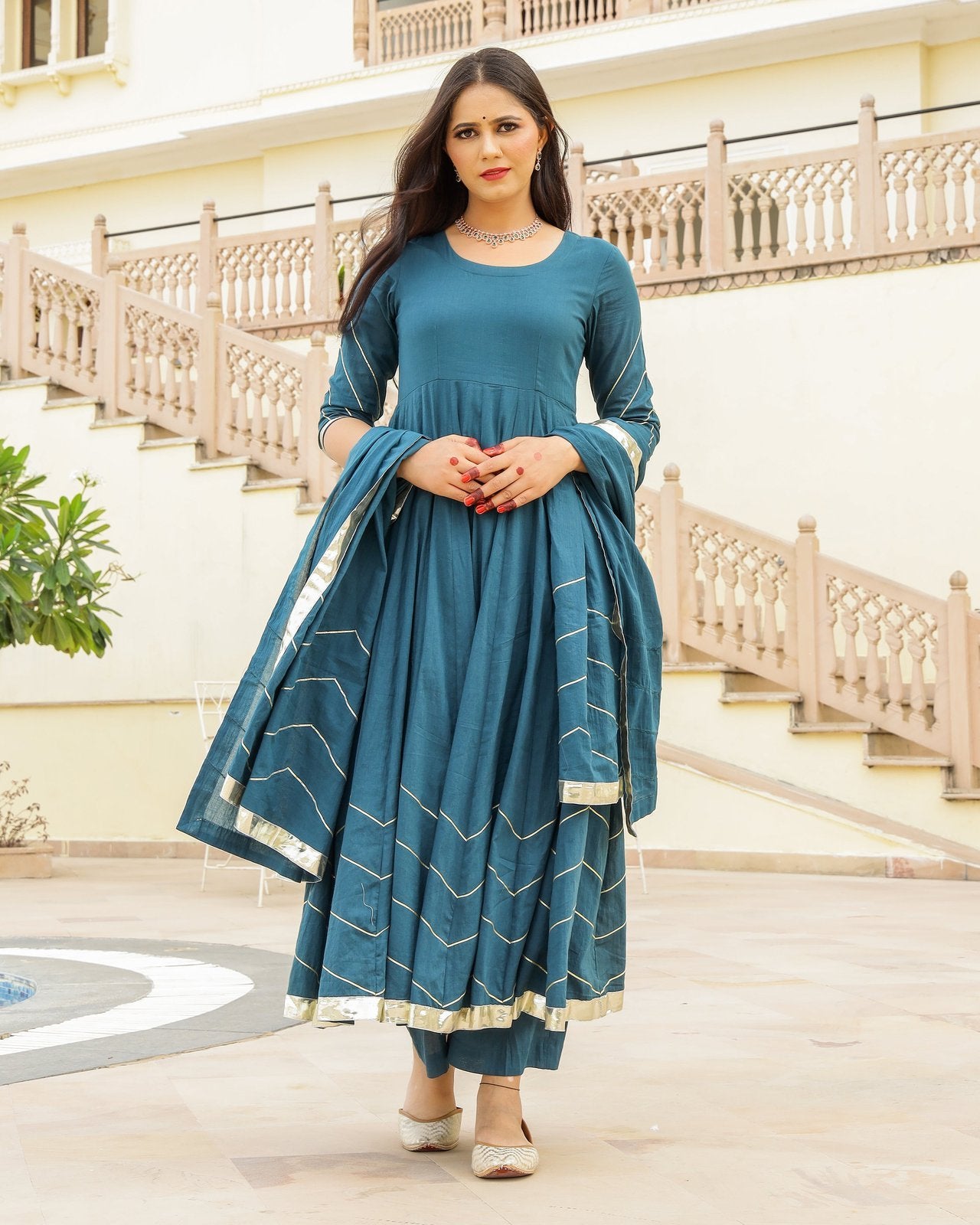 Teal Blue Gota Work Mulmul Anarkali Suit