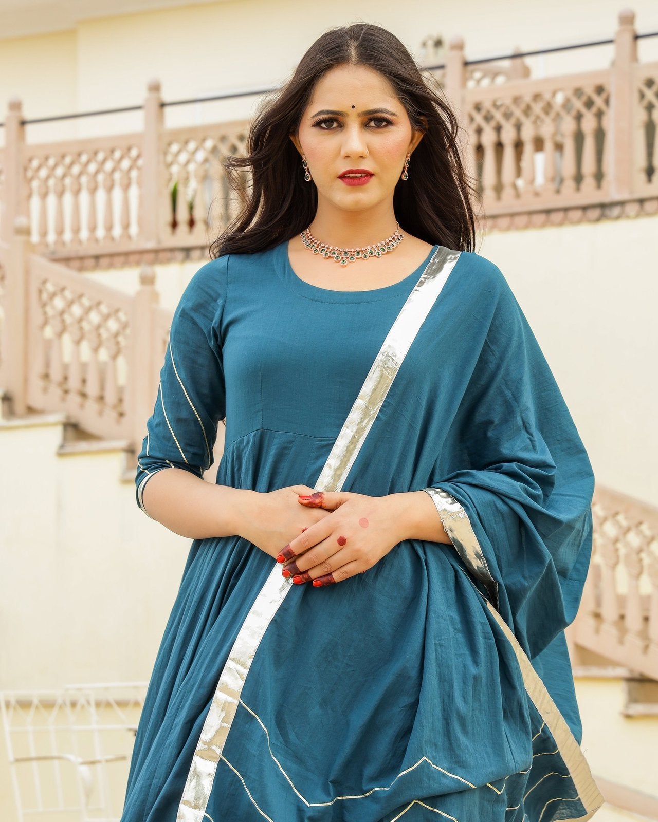 Teal Blue Gota Work Mulmul Anarkali Suit