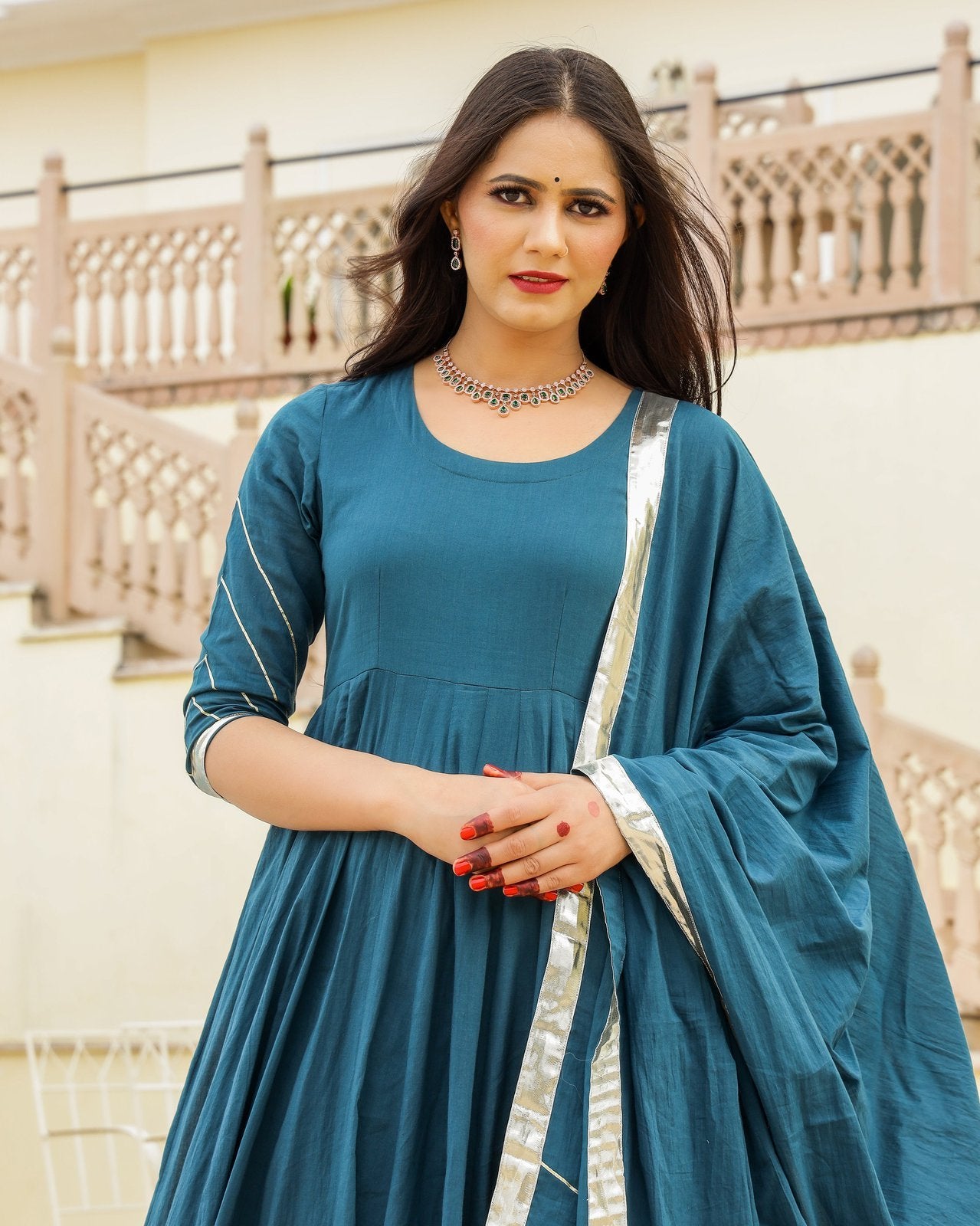 Teal Blue Gota Work Mulmul Anarkali Suit