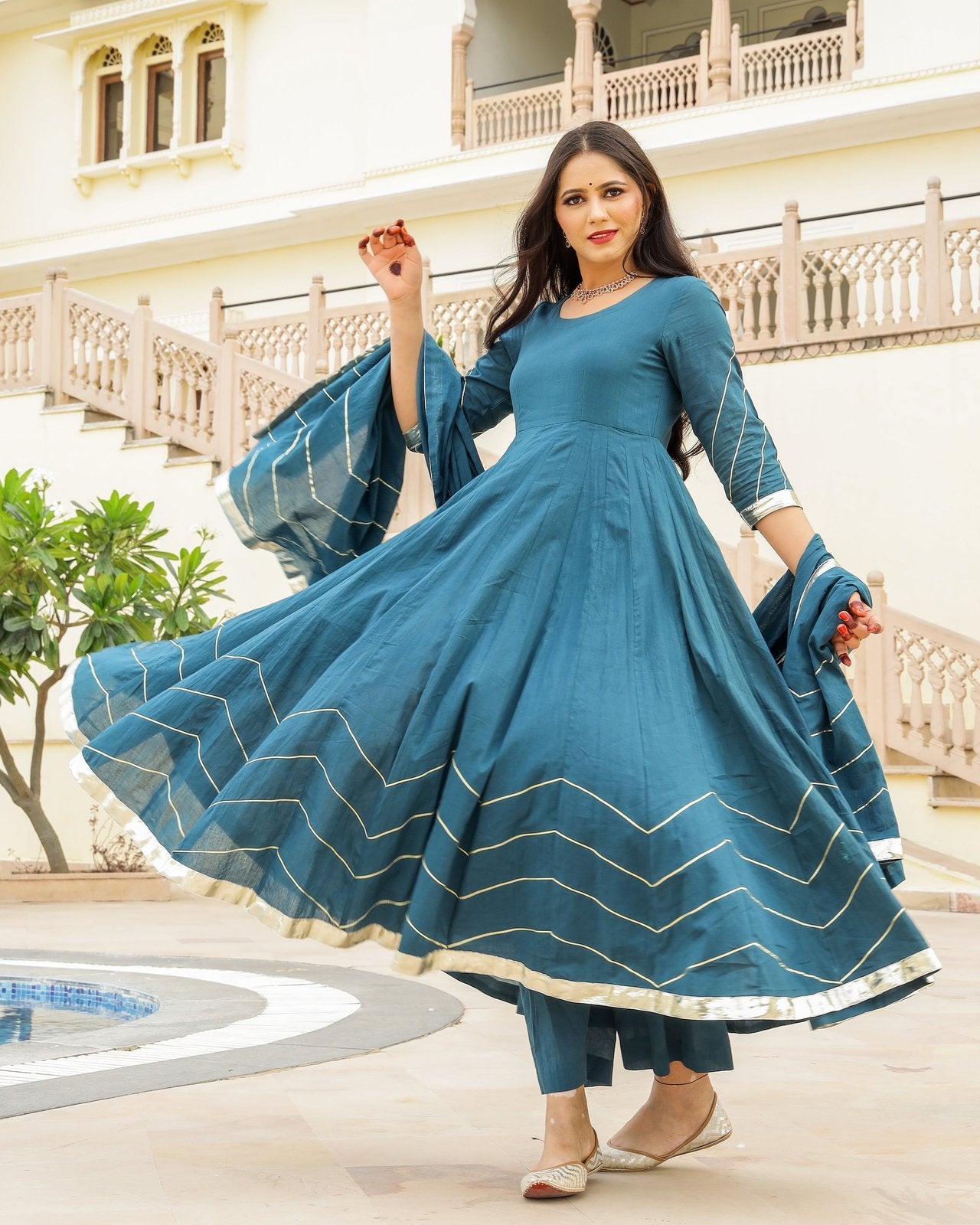 Teal Blue Gota Work Mulmul Anarkali Suit