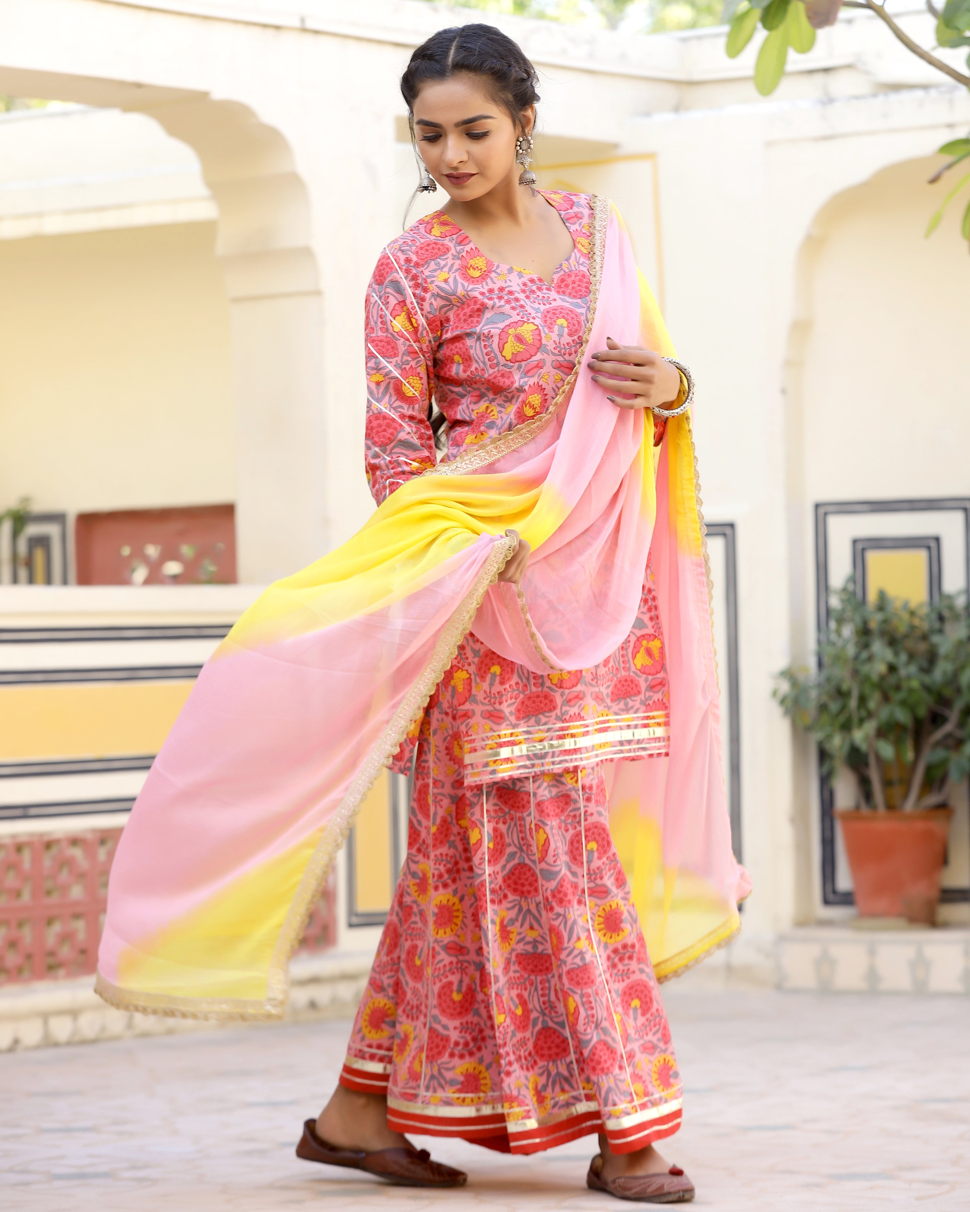 Chic Coral Printed Gotapatti Sharara Kurta Set