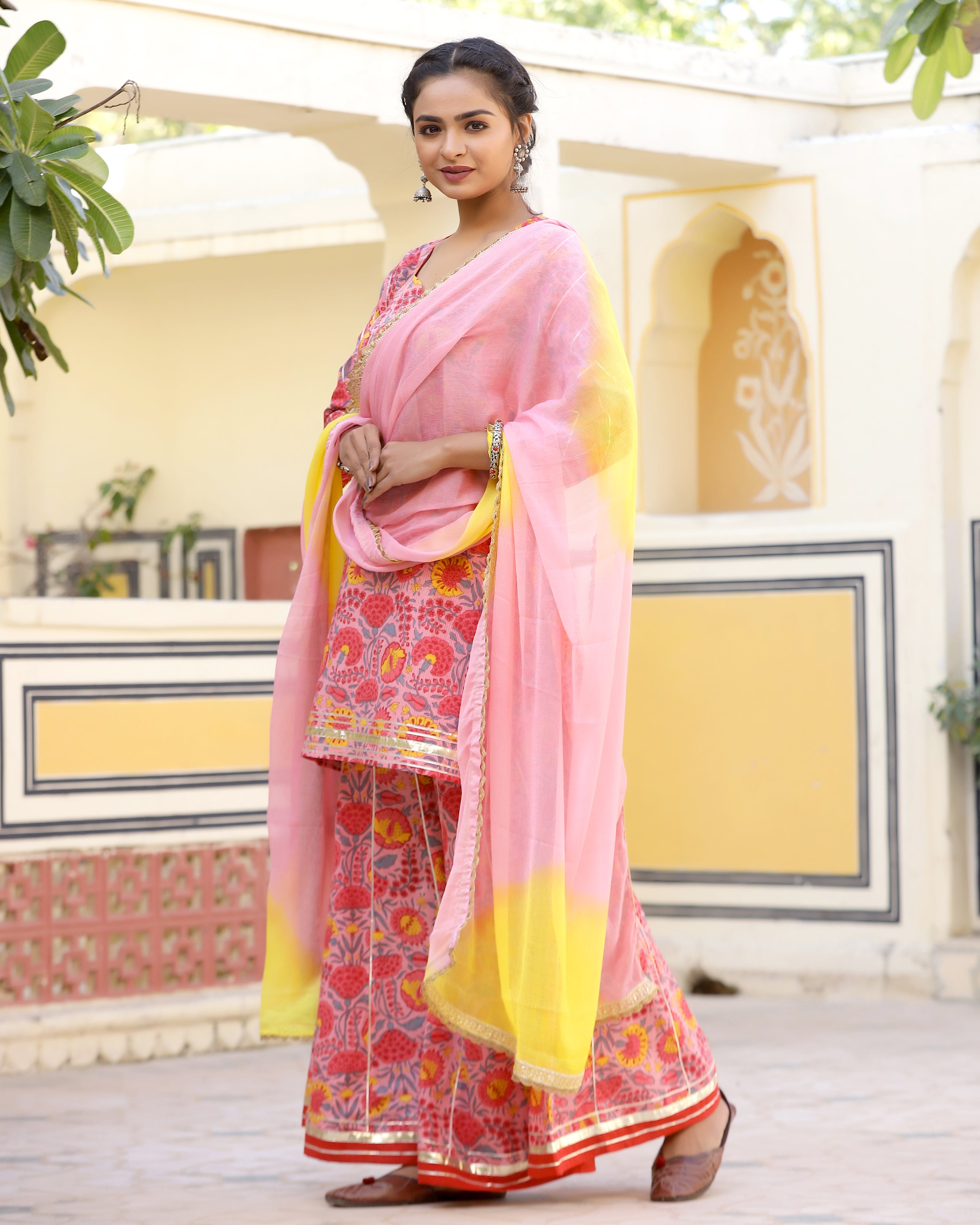Chic Coral Printed Gotapatti Sharara Kurta Set