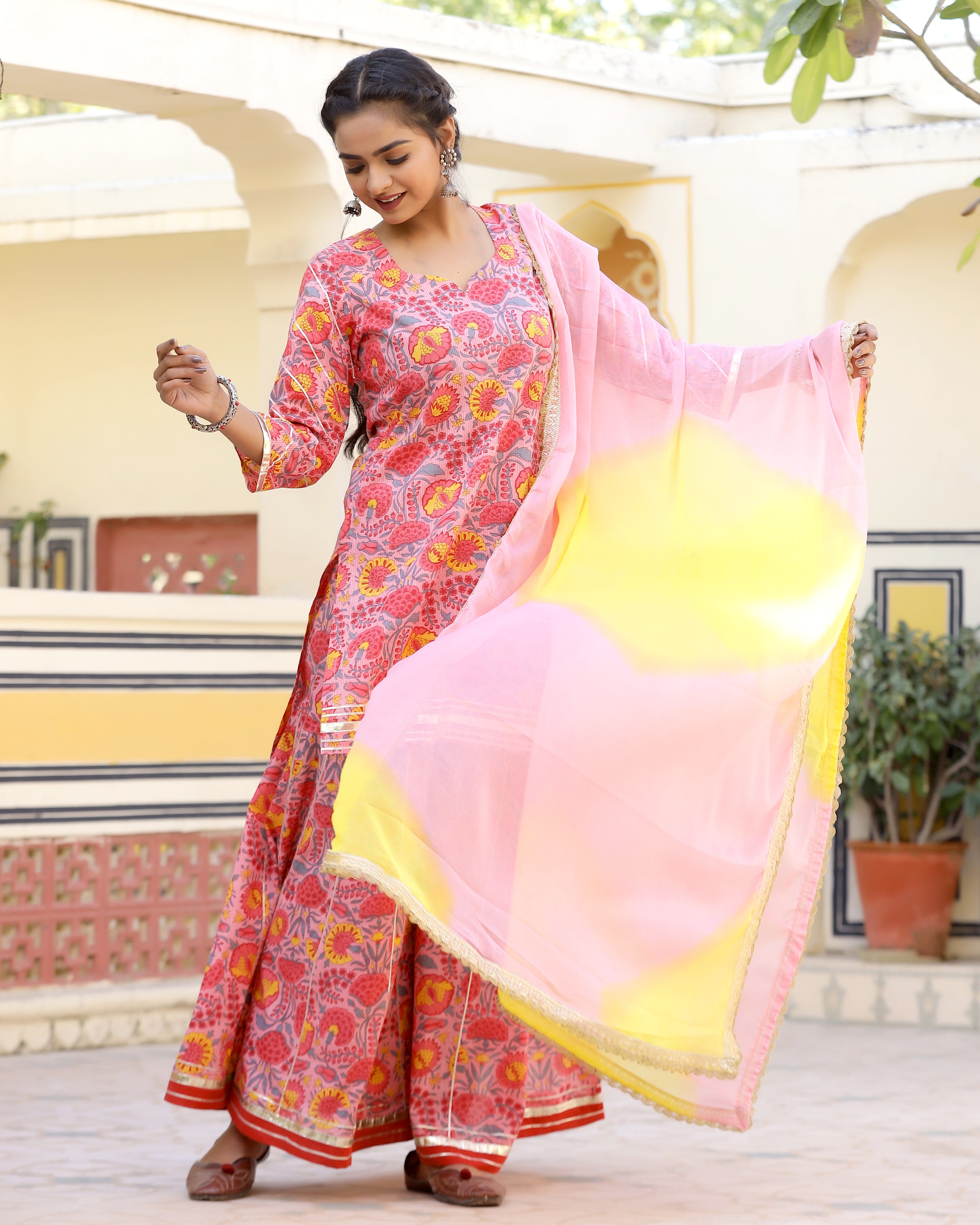 Chic Coral Printed Gotapatti Sharara Kurta Set