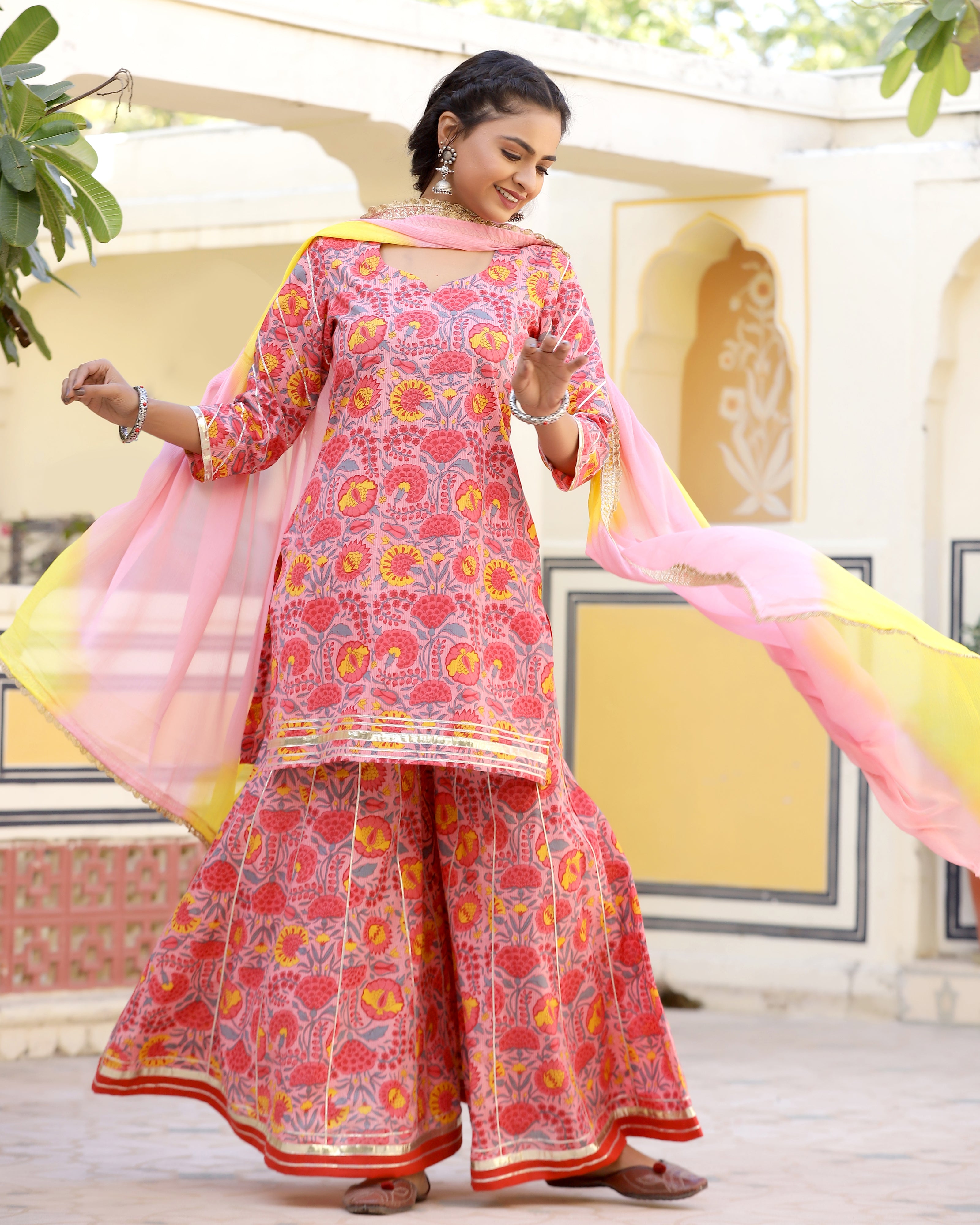 Chic Coral Printed Gotapatti Sharara Kurta Set