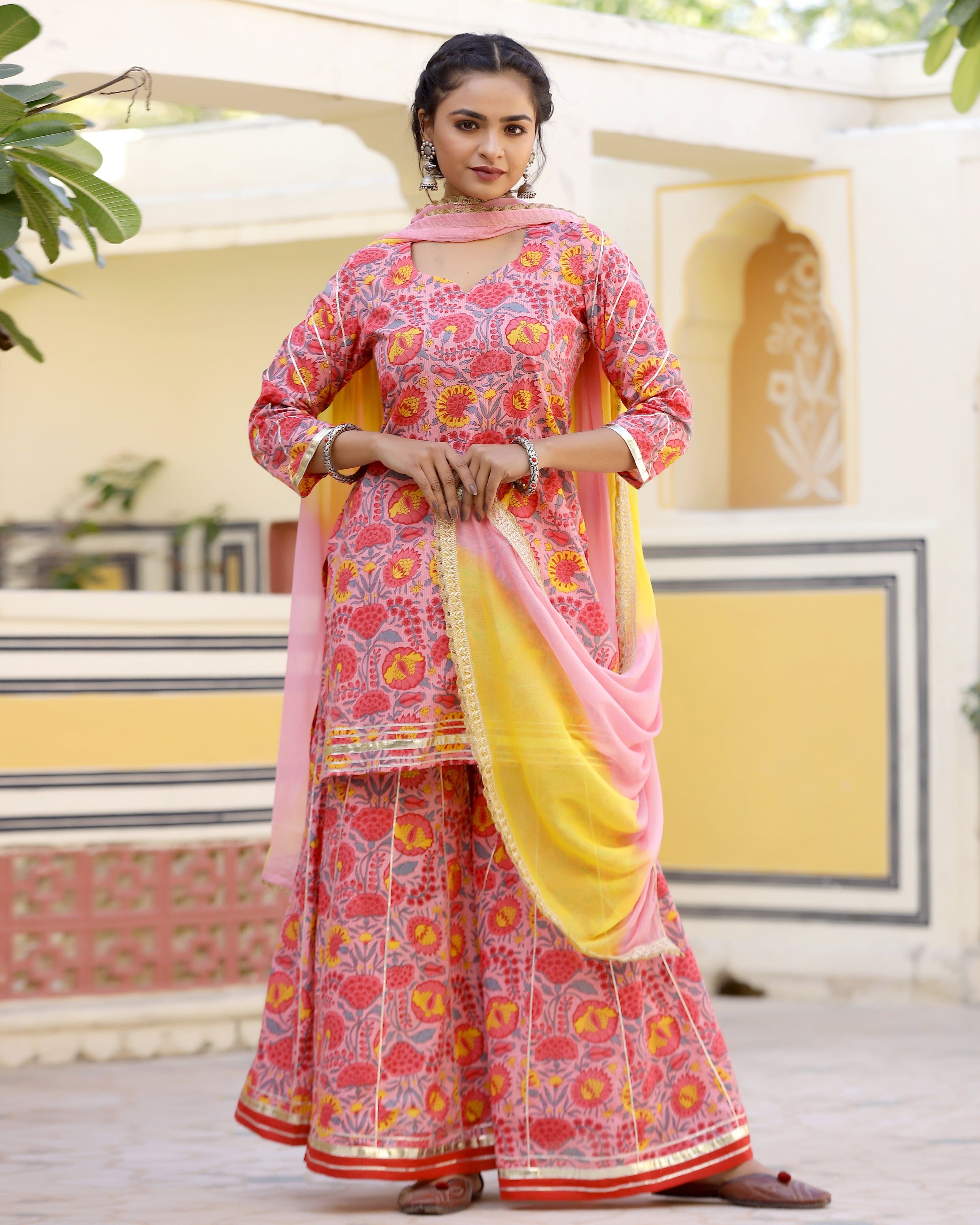 Chic Coral Printed Gotapatti Sharara Kurta Set