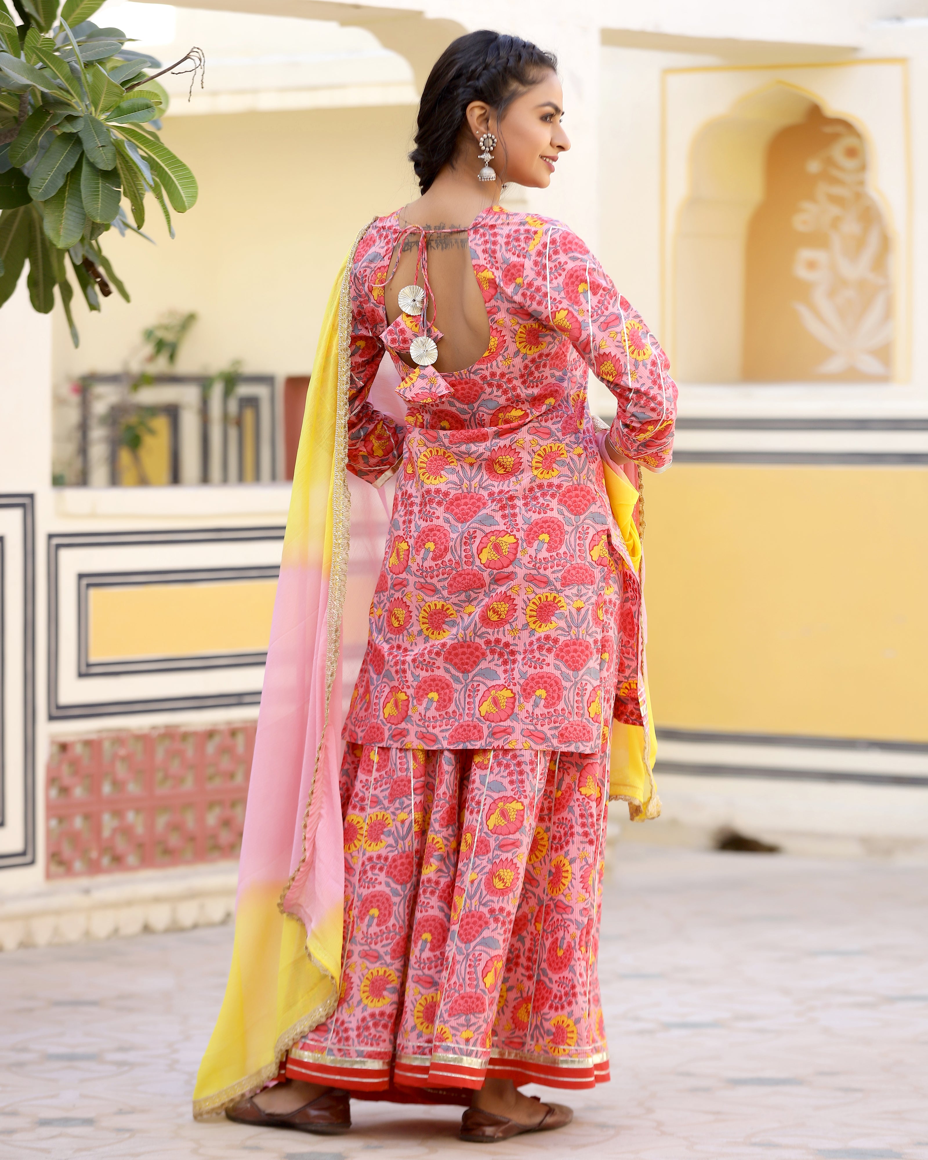 Chic Coral Printed Gotapatti Sharara Kurta Set