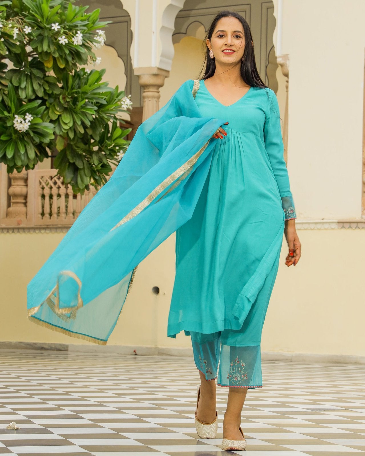 Teal Embroidery Modal Suit Set