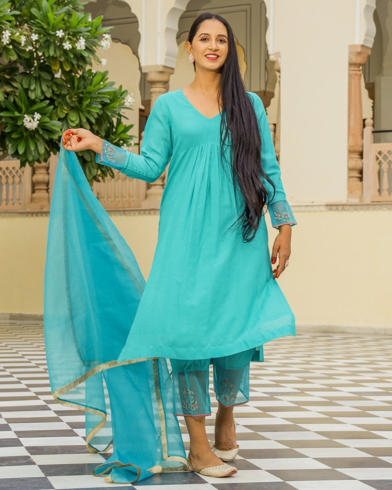Teal Embroidery Modal Suit Set